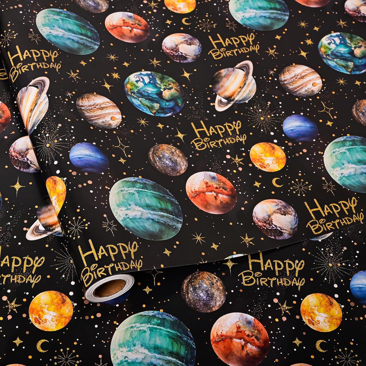 Vnaaem Space Wrapping Paper Roll for Boys Girls Kids - Solar System Planets & Happy Birthday Galaxy Gift Wrap for Kid's Birthday Baby Shower Holiday Craft DIY Party - 17 in x 20 ft(Total 28.5sq.ft)