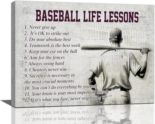 Baseball Sports Wall Art Baseball Life Lessons Wall Decor Baseball Sign Retro Poster Boy Men Motivational Decorations Canvas Print Painting Artwork for Bedroom Bathroom Living Room Gym 24"x16"