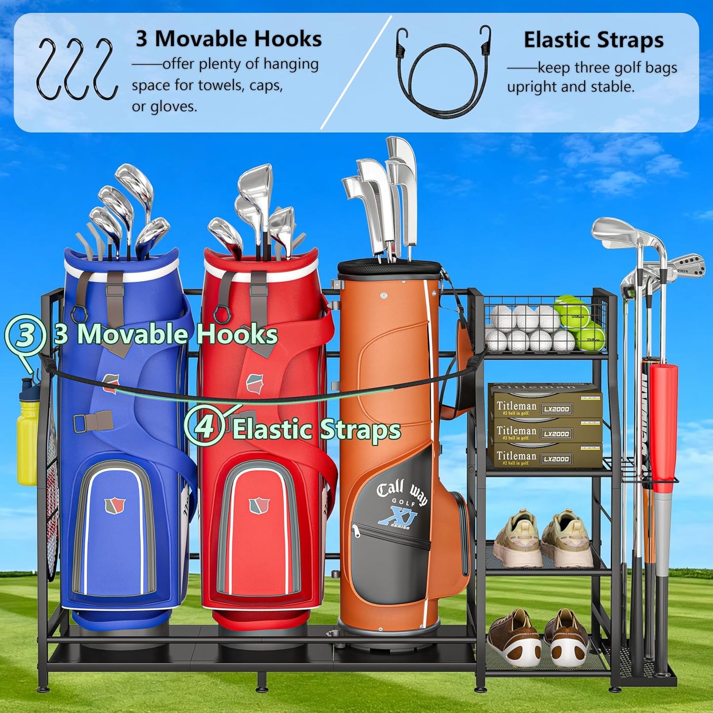 Golf bag stand for Golf Bag Accessories, Golf Bag Storage Organizer Fits 3 Bags for Garage Organization, Golf Organizer with Extra Storage Rack for Golf Clubs & Golf Essentials, Golf Gifts for Men