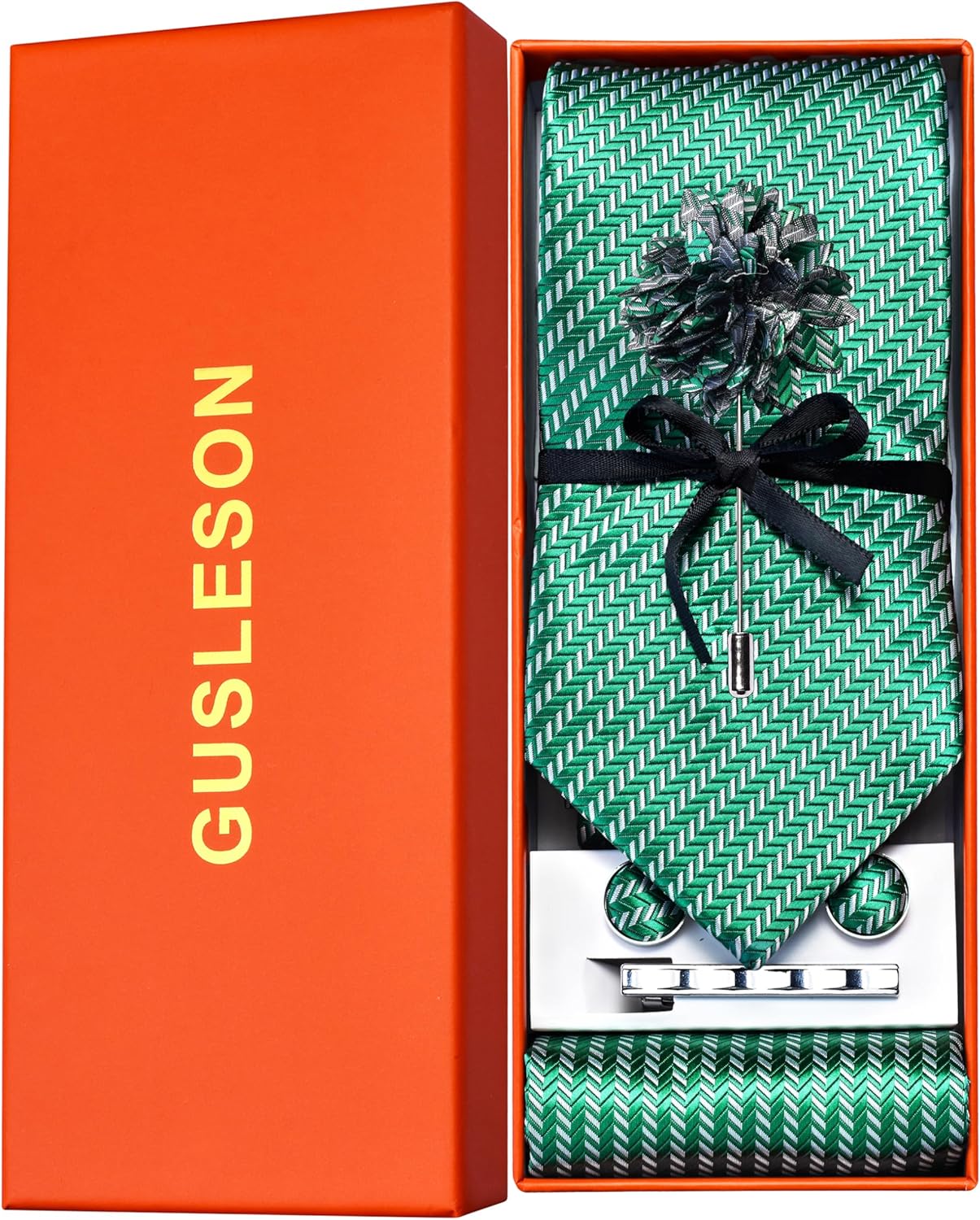 GUSLESON Tie Set for Men Necktie and Pocket Square,Tie Clip,Cufflinks, Lapel Pin Sets with Gift Box 5PCS