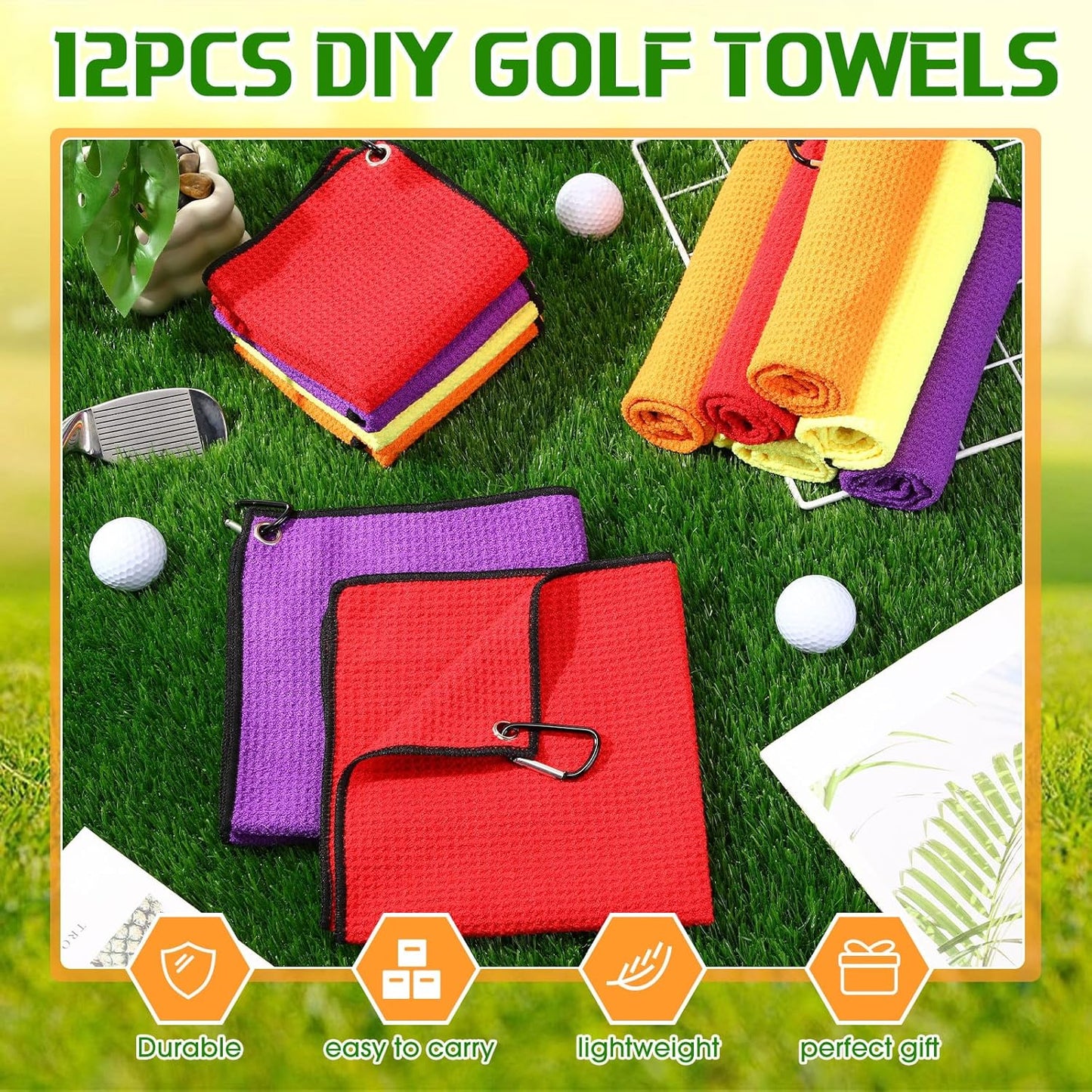 Batiyeer 12 Pcs Golf Towel Bulk for Golf Bags 16'' x 16'' Microfiber Fabric Towel with Clip Waffle Pattern, Fitness, Camping, Hiking, Yoga