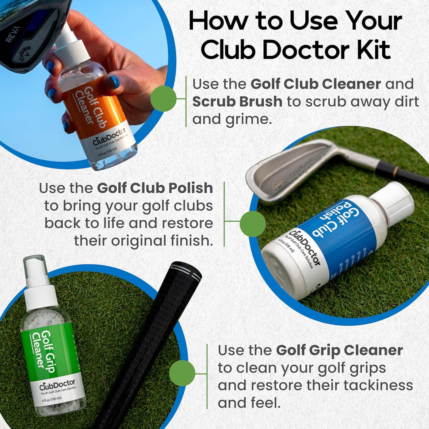 Club Doctor Golf Club Care Kit – Clean, Polish, and Restore Irons, Drivers, Putters – Scratch, Scuff, Rust Remover – Complete Golf Club Maintenance Kit with Grip Cleaner, Club Cleaner, and Polish