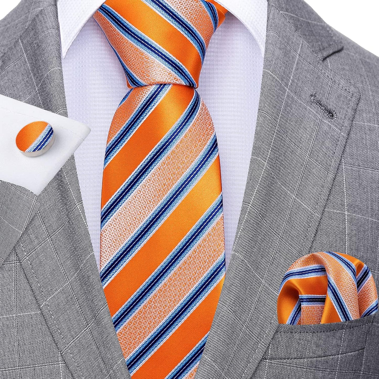 Barry.Wang Designer Classic Ties for Men Set Formal Pocket Square Cufflink Check Plaid