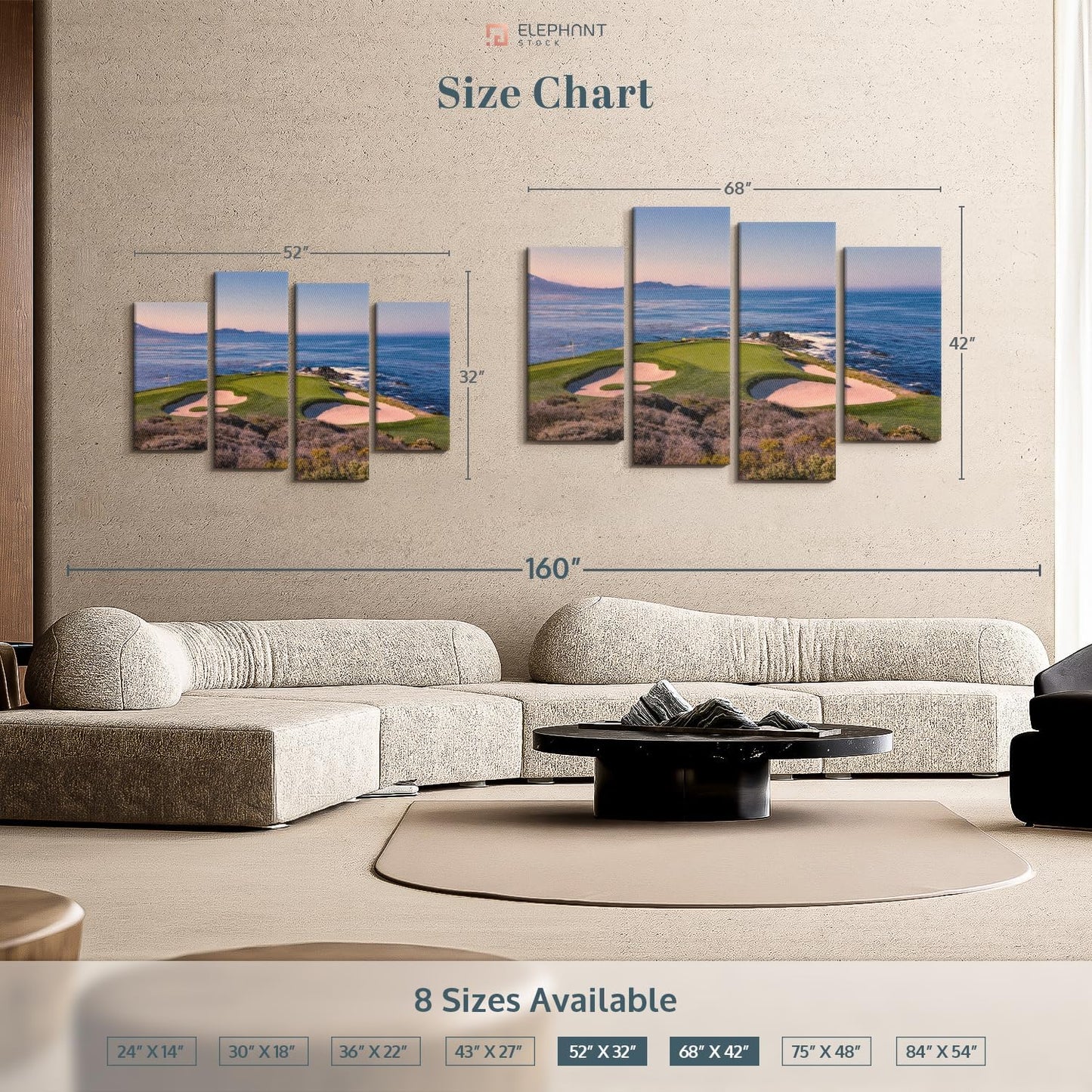 ElephantStock Pebble Beach Golf Club Wall Art - Horizontal Canvas - 4-Piece Living Room Wall Decor - Luxury Photography Canvas Print - Beige and Blue Decor for Wall - 52" X 32"