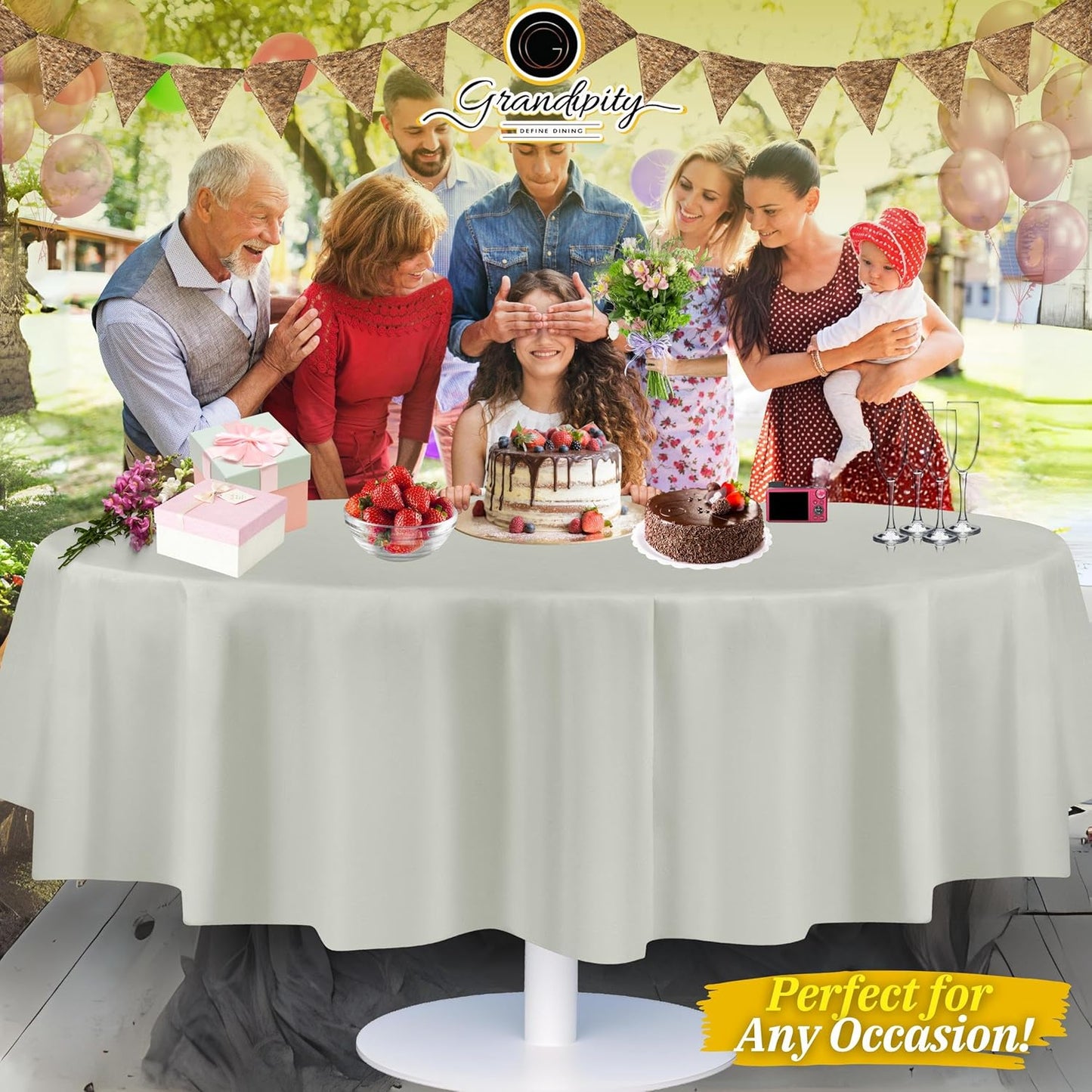 Grandipity 12 Pack Premium Disposable Plastic Tablecloth 84" Inch Decorative Round Table Cover - Light Grey