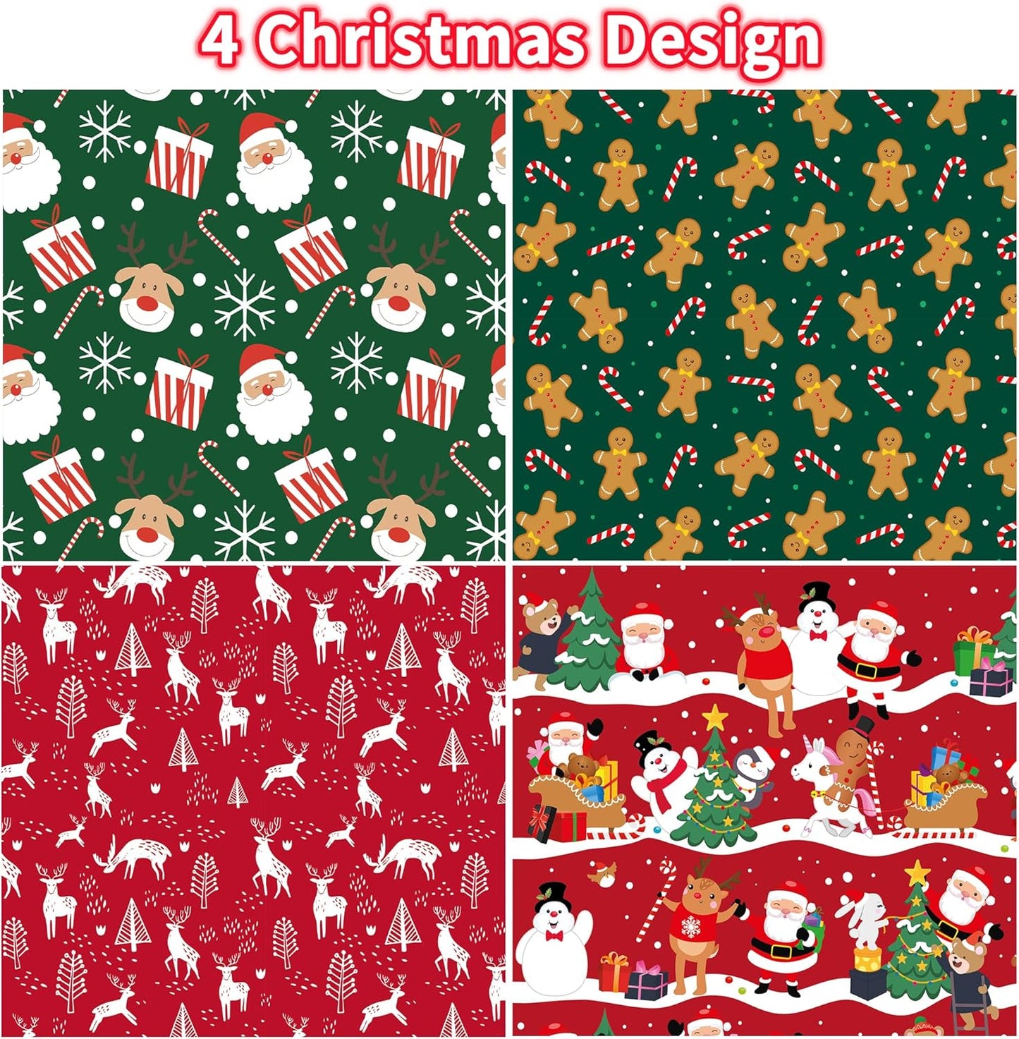 Christmas Wrapping Paper for Gifts (4 Rolls: 93 sq. ft. ttl) Funny Candy Cane Santas, Reindeer, Christmas Tree, Snowflakes - 17 inches x 16.5 feet Per Roll