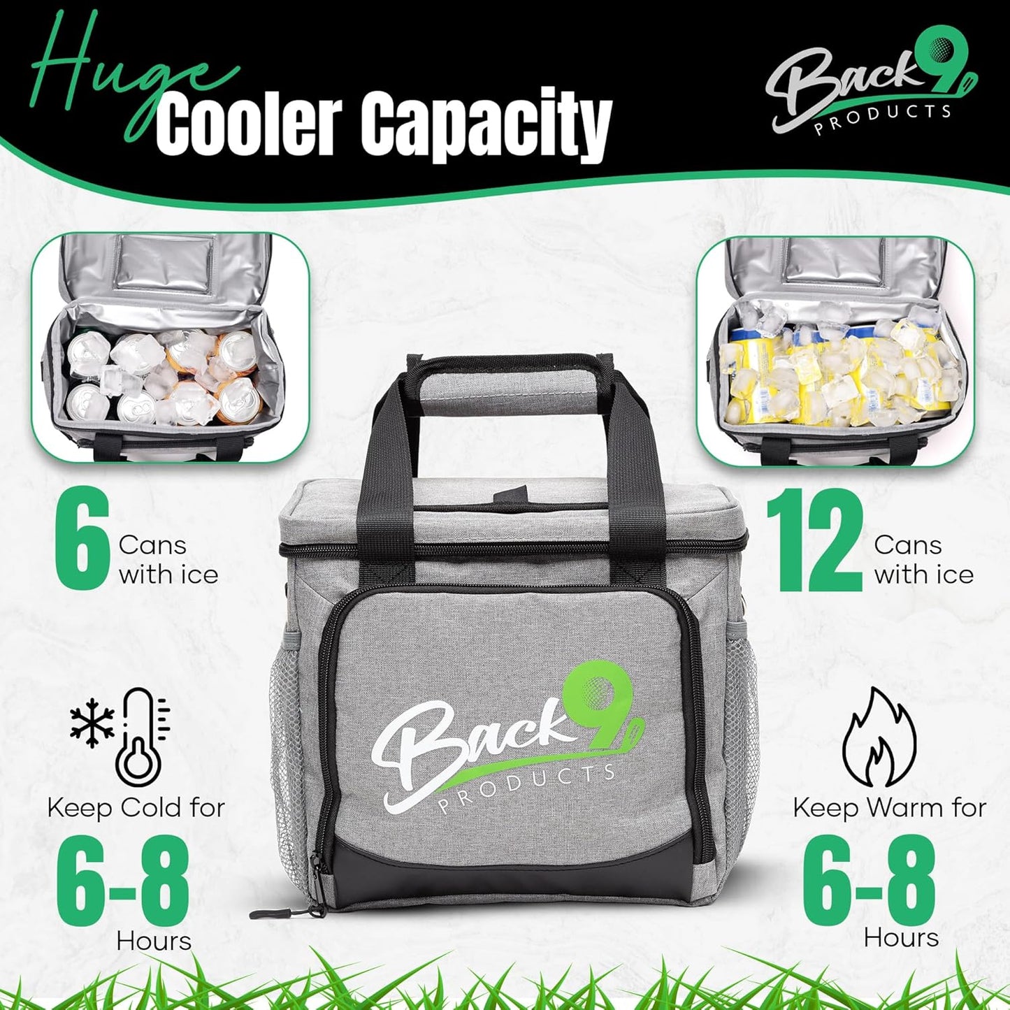 Back9Products Golf Cart Cooler Bag with Magnetic Lid - 12 Can Soft Sided Insulated Cooler, Leakproof & Waterproof - Portable Cooler for Push Carts, Work, Camping, Travel, Men & Womens Gifts