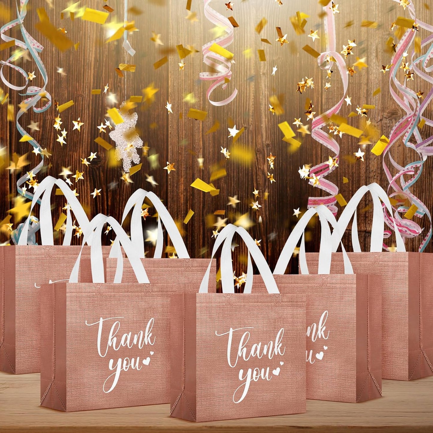Sweetude 30 Pcs Thank You Gift Bags with Handles Bulk Reusable Goodie Bag Non Woven Foldable Handbag for Graduation Wedding Bridesmaid Gifts(11 x 12 x 5 Inch,Rose Gold)
