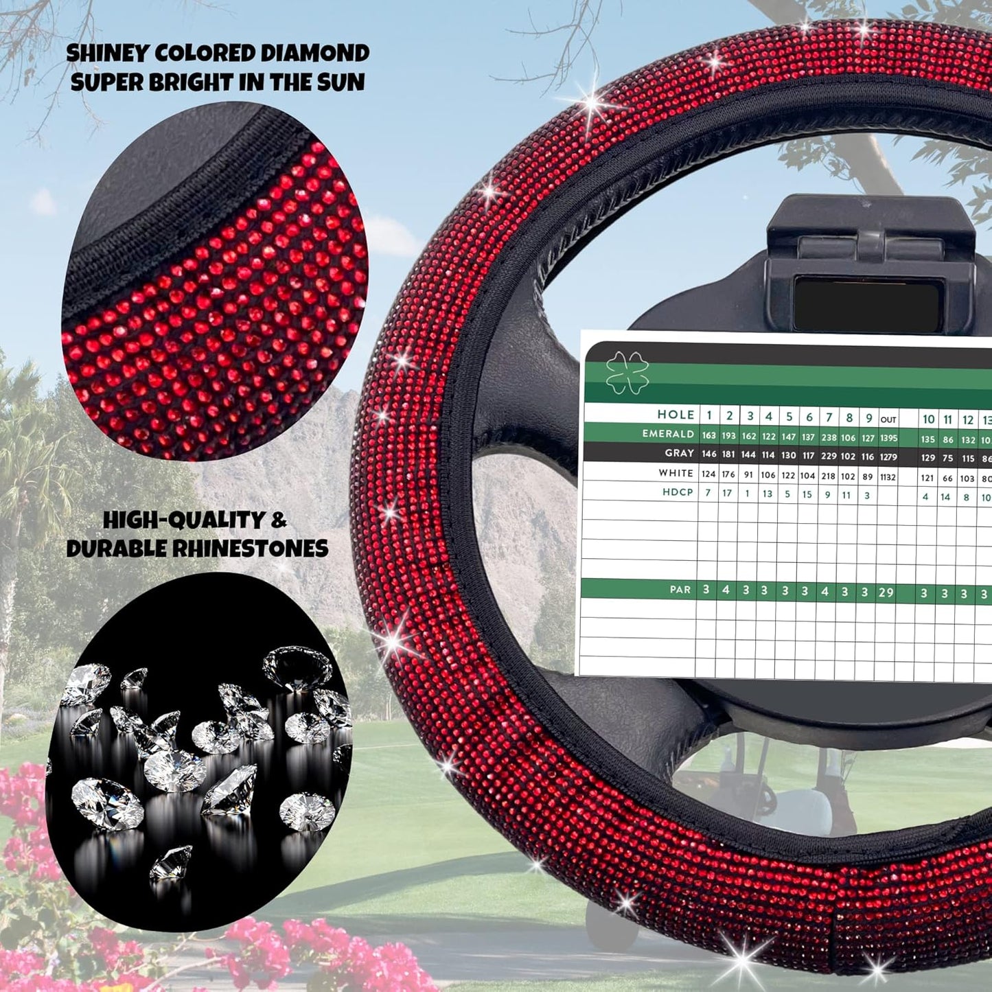 Universal Colorful Bling Crystal Diamond Rhinestones Golf Cart Steering Wheel Cover fits Club Car, Yahama, EZGO, Anti Slip Cover Easy to Install, Great Gifts for Golfer Women Womens (Red Diamond)