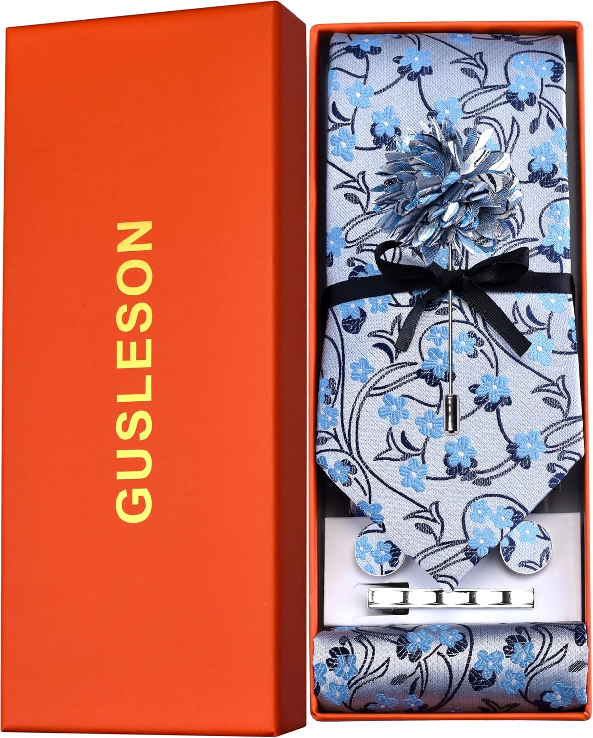GUSLESON Tie Set for Men Necktie and Pocket Square,Tie Clip,Cufflinks, Lapel Pin Sets with Gift Box 5PCS