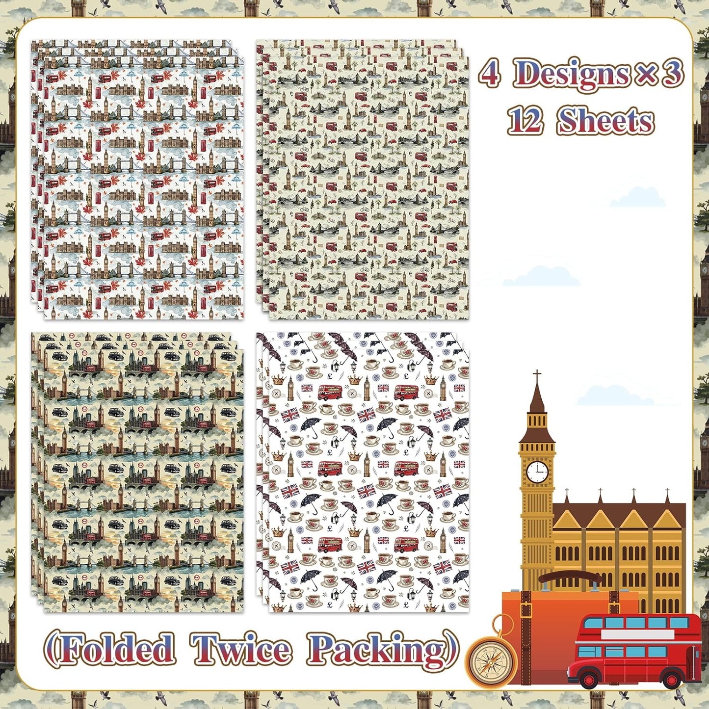 Pineraap London Wrapping Paper 12 Sheets – Big Ben,Tower Bridge,Umbrella UK Designs – British Gift Wrap for Birthday,Travel Lovers,20"×28"