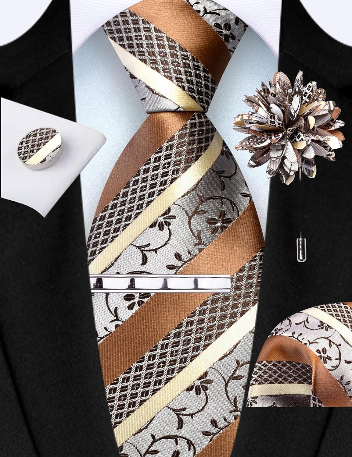 GUSLESON Tie Set for Men Necktie and Pocket Square,Tie Clip,Cufflinks, Lapel Pin Sets with Gift Box 5PCS