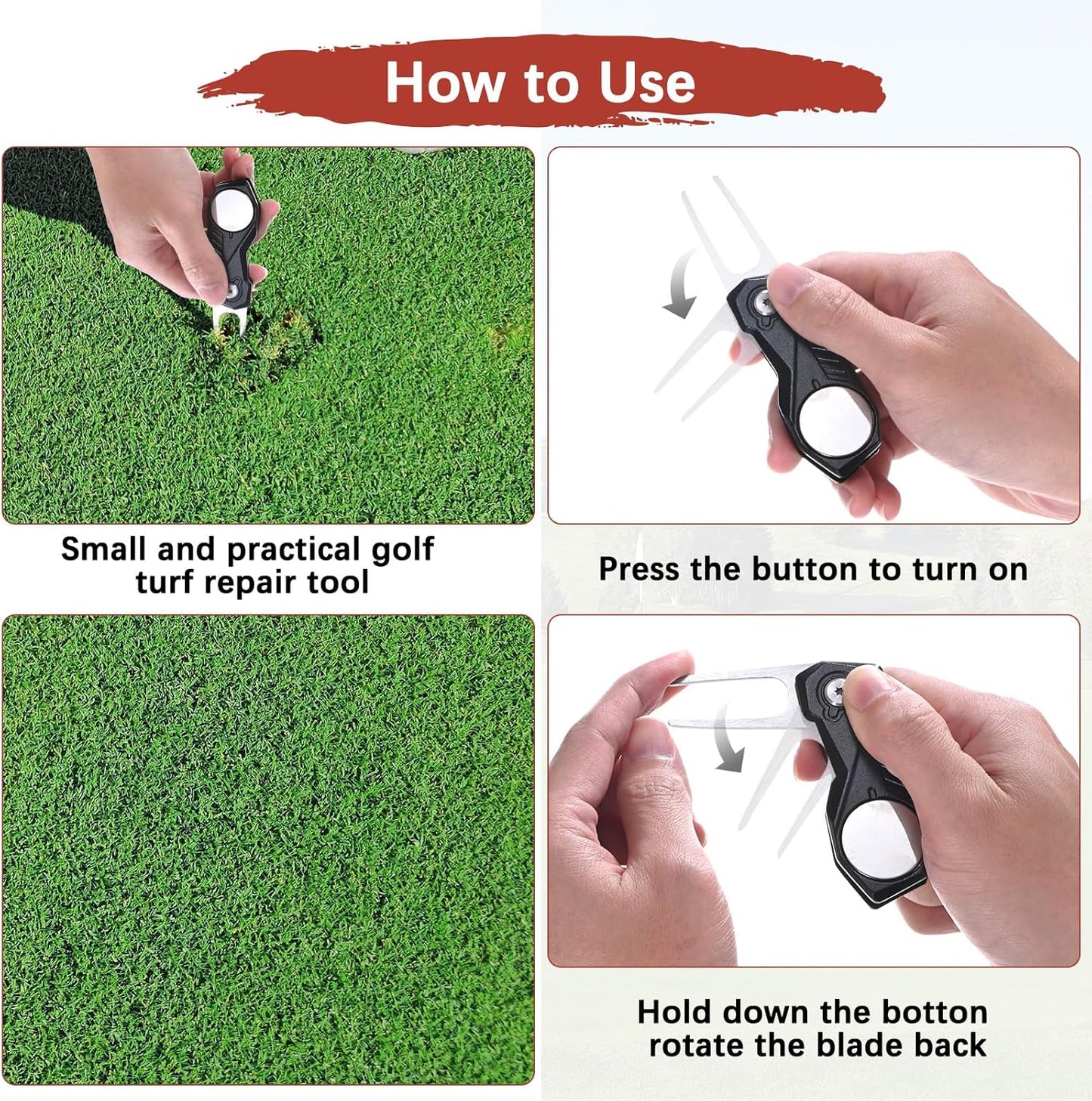 Golf Divot Repair Tool- Switch Foldable Divot Tool with Magnetic Ball Marker & Open Button Use for Golf Accessories