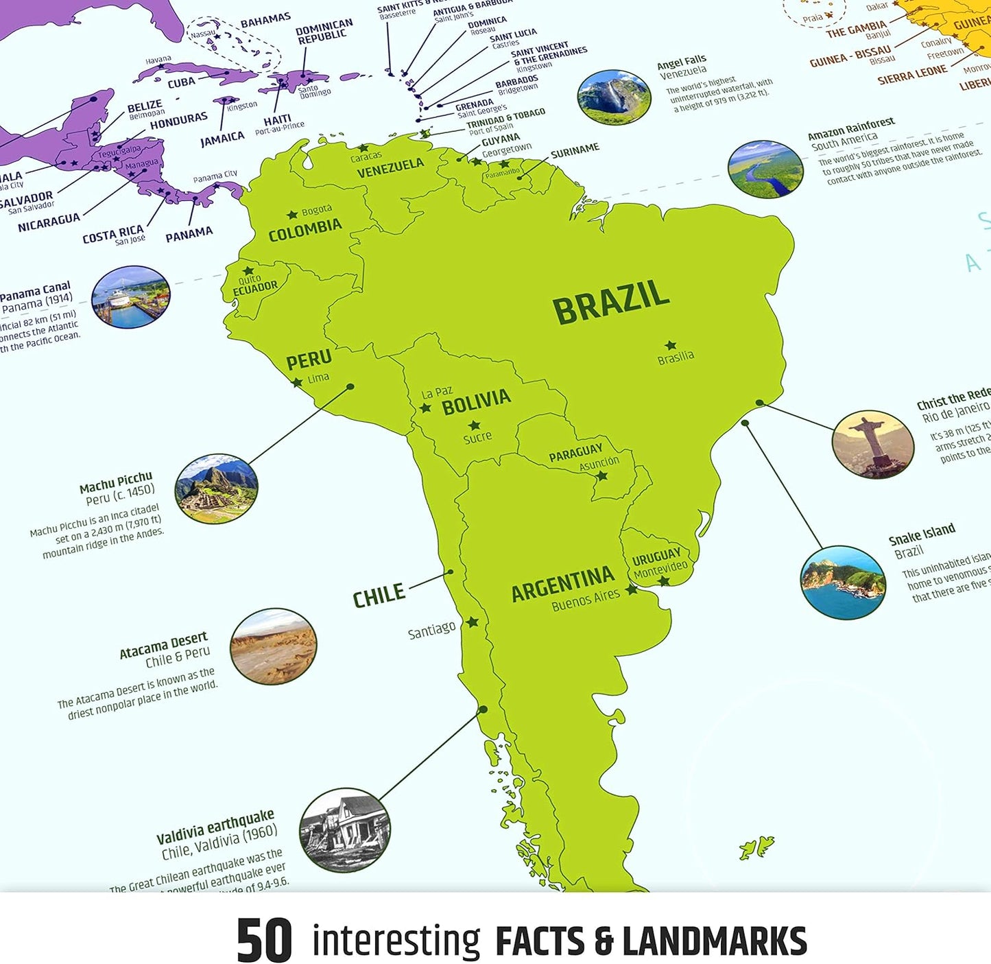 Large World Map for Wall - Poster with Flags & Capitals - Educational World Map for Kids & Adults - Colorful Global Maps with 50 Interesting Facts - Classroom & Homeschool Decor