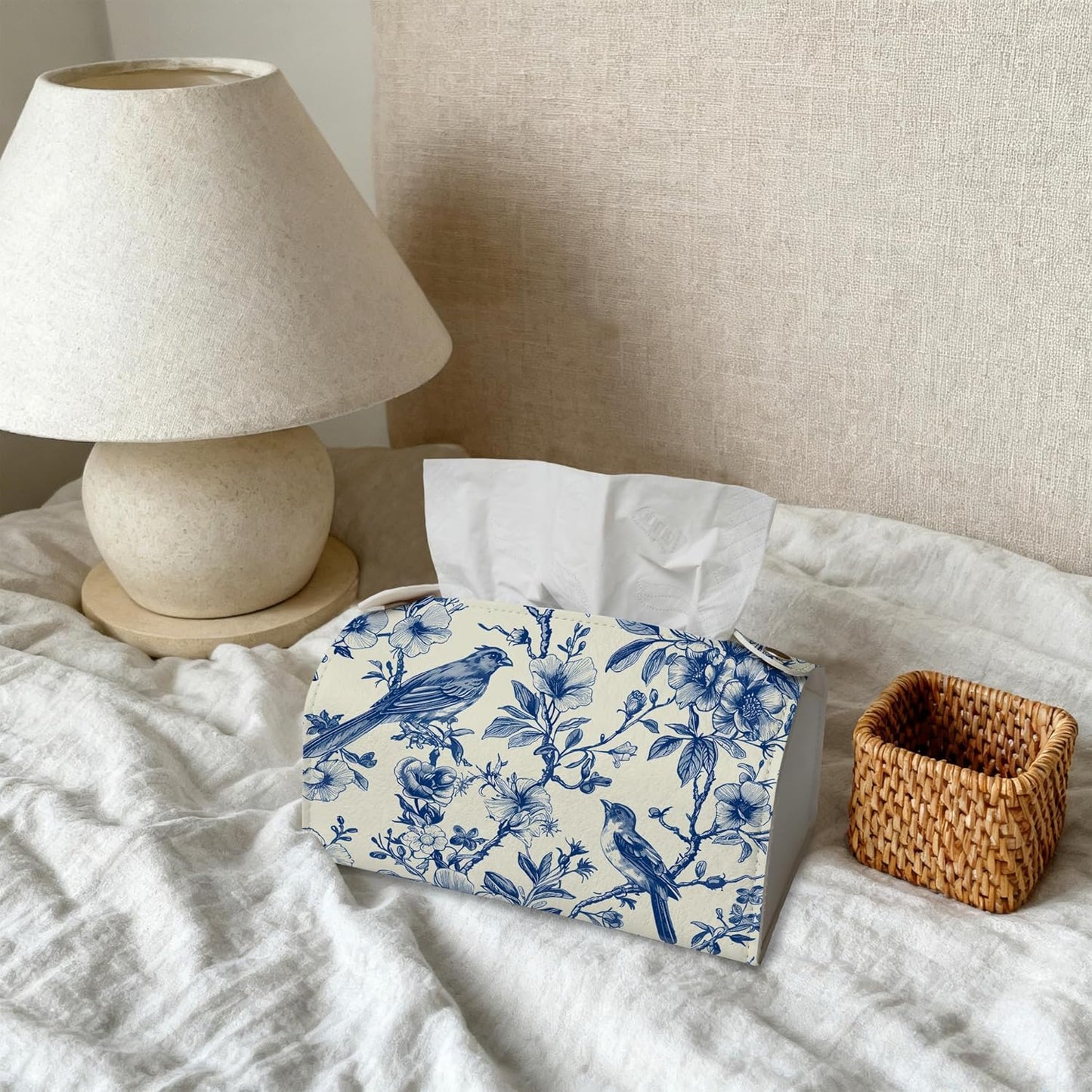 Bird on Blooming Branches Tissue Box Cover Holder – Blue Flower Rectangular Tissue Organizer, Decorative Napkin Box Case for Home, Office & Car