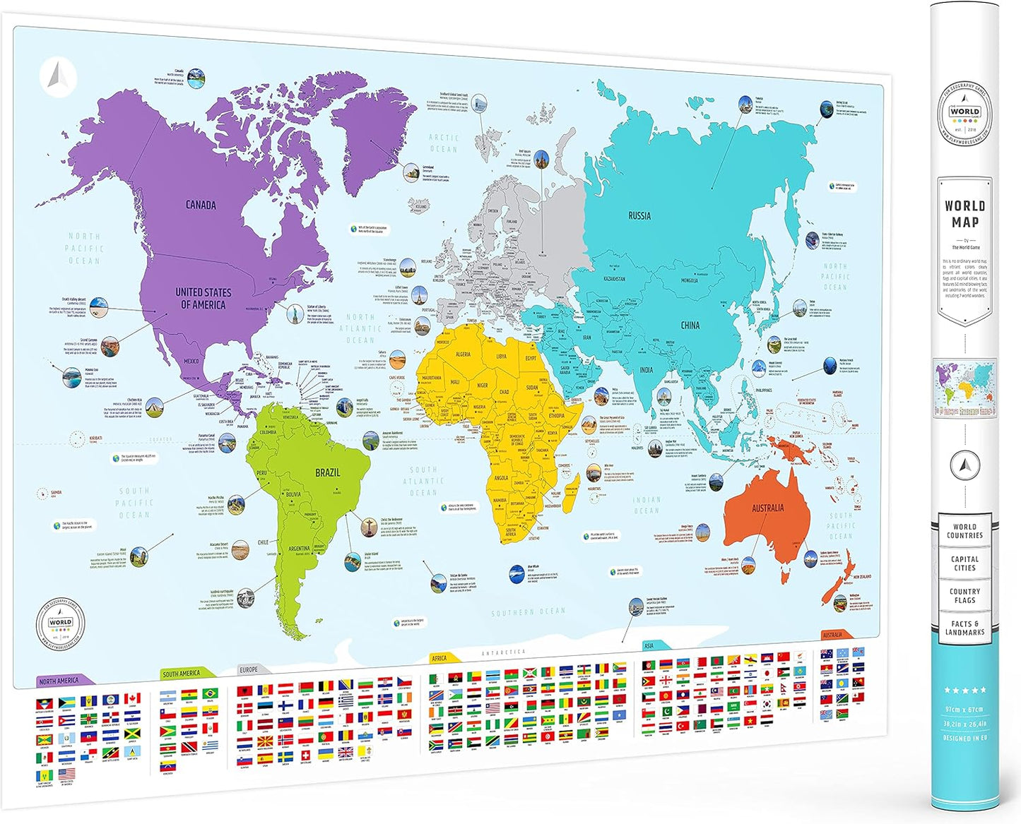 Large World Map for Wall - Poster with Flags & Capitals - Educational World Map for Kids & Adults - Colorful Global Maps with 50 Interesting Facts - Classroom & Homeschool Decor
