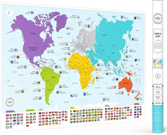 Large World Map for Wall - Poster with Flags & Capitals - Educational World Map for Kids & Adults - Colorful Global Maps with 50 Interesting Facts - Classroom & Homeschool Decor