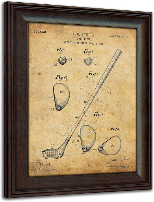 Personal-Prints | Golf Vintage Style US Patent Prints Wall Art | Framed Behind Acrylic Golfer Décor Featuring a Golf Club, Golf Tee, Golf Bag and Golf Ball (Golf Club)