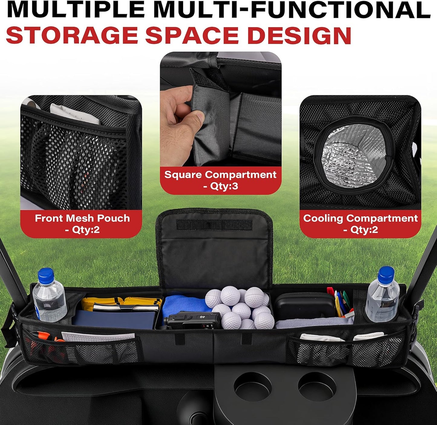 Golf Cart Storage Basket, No-Drilling Golf Cart Front Basket with Cooling Compartment & Adjustable Anti-Slip Buckle Strap, Fits Club Car, EZGO, Drive, Kandi Electric and ICON