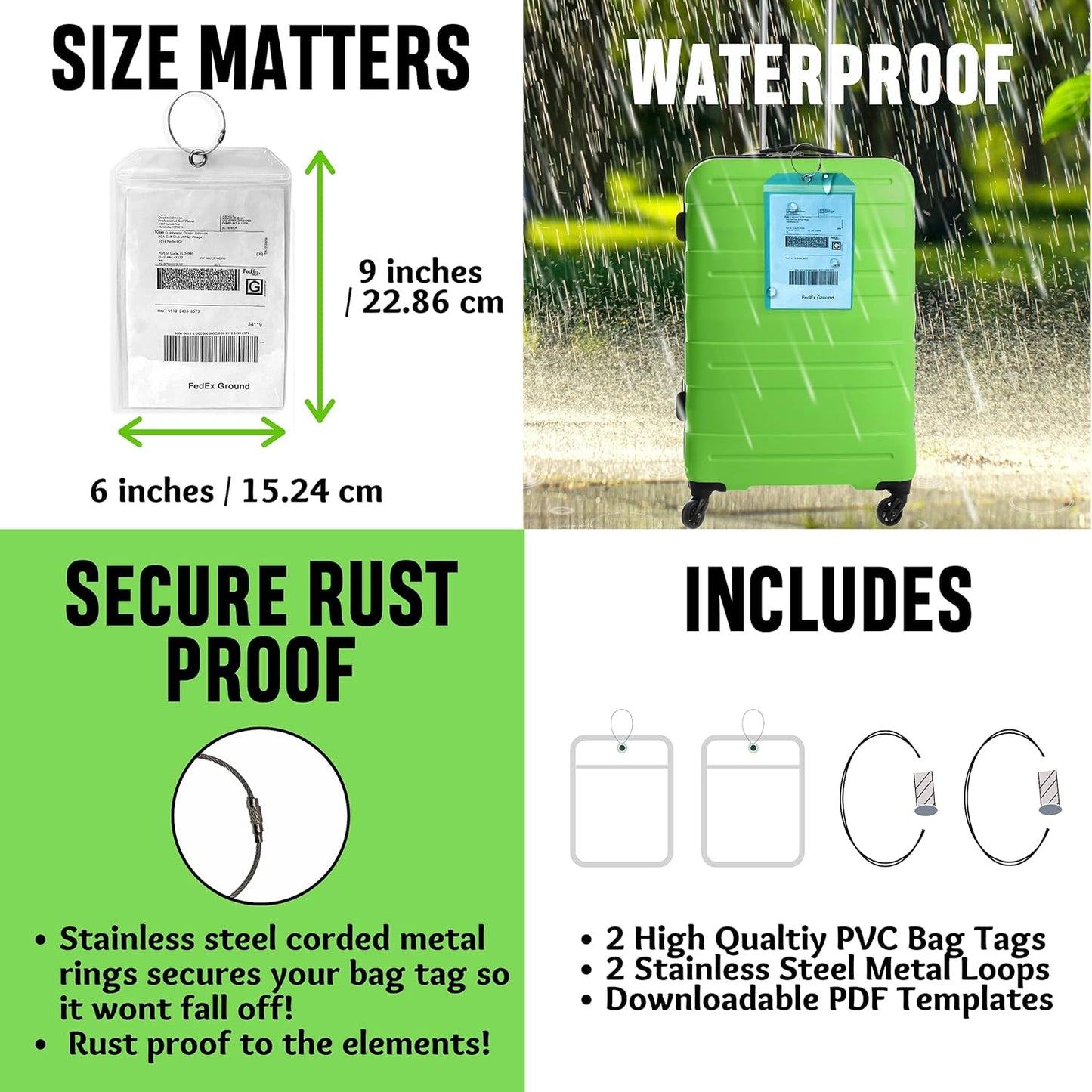 Golf Luggage Tag - Set of 2 Bag Tags Set Extra Large 9" x 6" - Plastic Waterproof Zipper Pouch - PVC Baggage Tag Sleeve for Travel and Shipping Golf Bag - Sealable Personalized Ship Sticks Insert