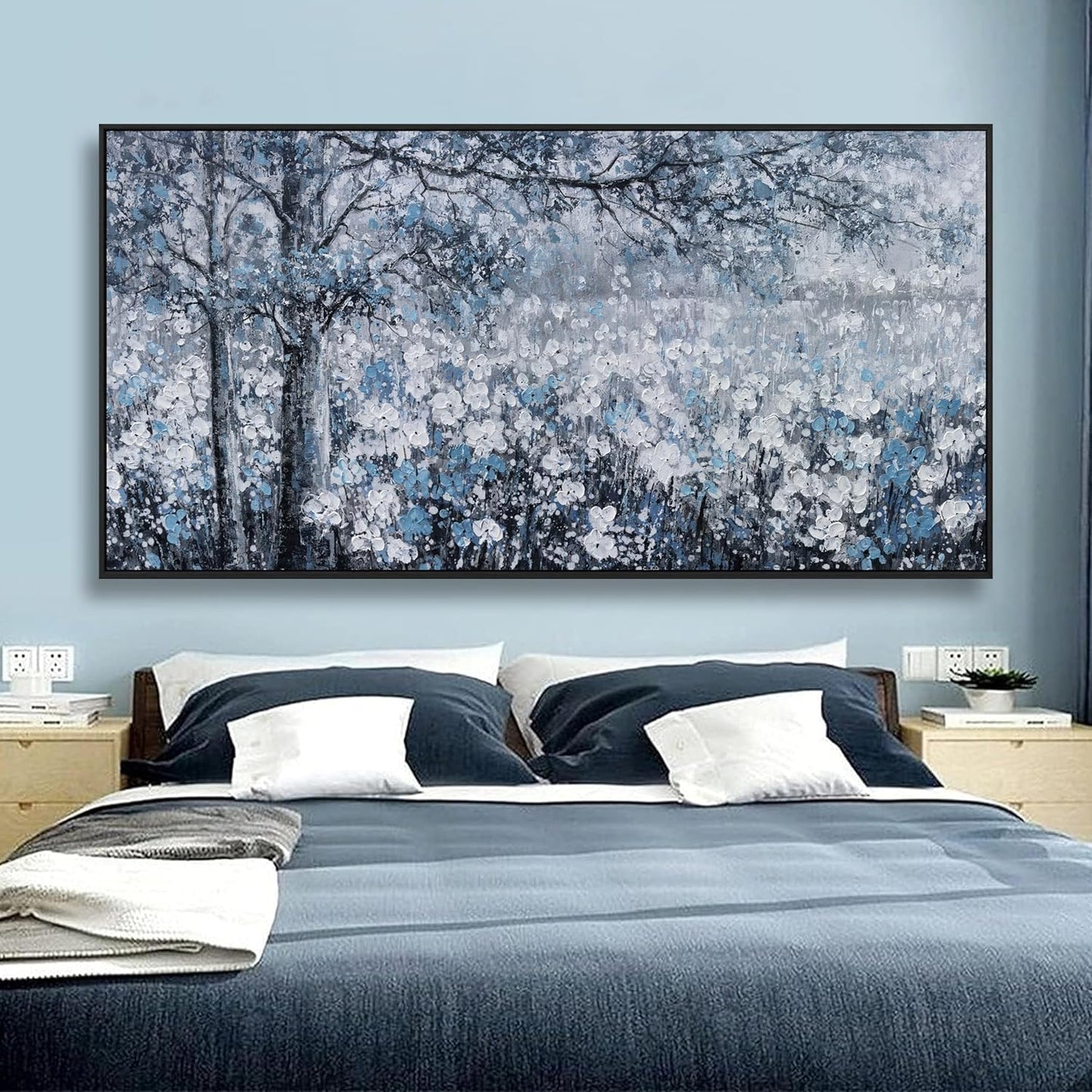 Canvas Wall Art Frame for Modern Living Room 29x58 Inches - Large Elegant Blue and White Tree Flower Landscape Picture Artwork for Bedroom, Dining Room, Home Office Decor