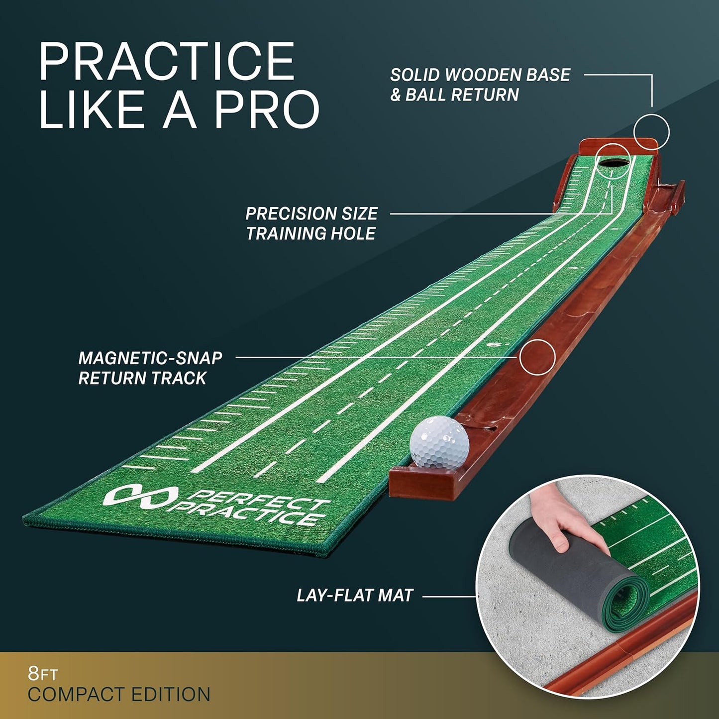 Perfect Practice Golf Putting Mat - Portable Putting Green, Indoor & Outdoor Practice, with Ball Return - Golf Training Aid for Home, Office, Backyard - Golfing Gifts for Men