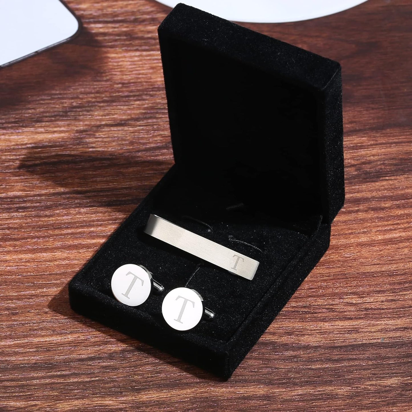 LOYALLOOK Stainless Steel Engraved Initial Cufflinks and Tie Clip Bar Set Alphabet Letter With Gift Box A-Z