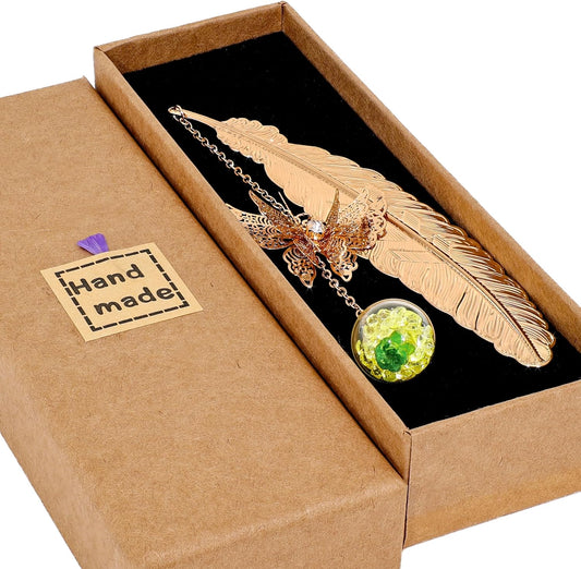 Metal Feather Bookmark with Butterfly Charm – Christmas Gifts for Women, Teachers & Book Lovers – Stocking Stuffers, Secret Santa, Birthday & Holiday Gift Box