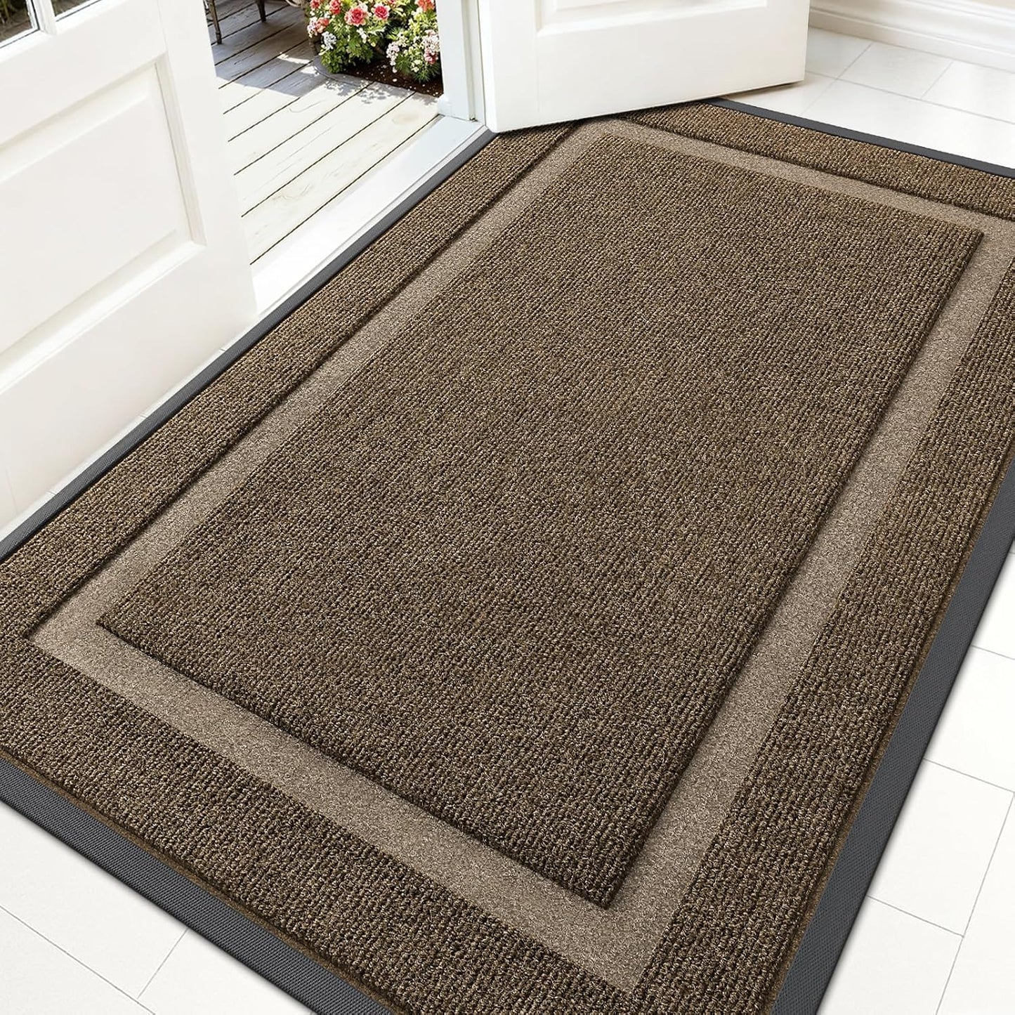 OLANLY Front Door Mat Indoor Outdoor Entrance, Waterproof All-Season, All-Weather Doormat, Sturdy Natural Rubber, Fade Resistant, Low Profile, Easy Clean Patio Porch Entryway Mat, 59x35, Brown
