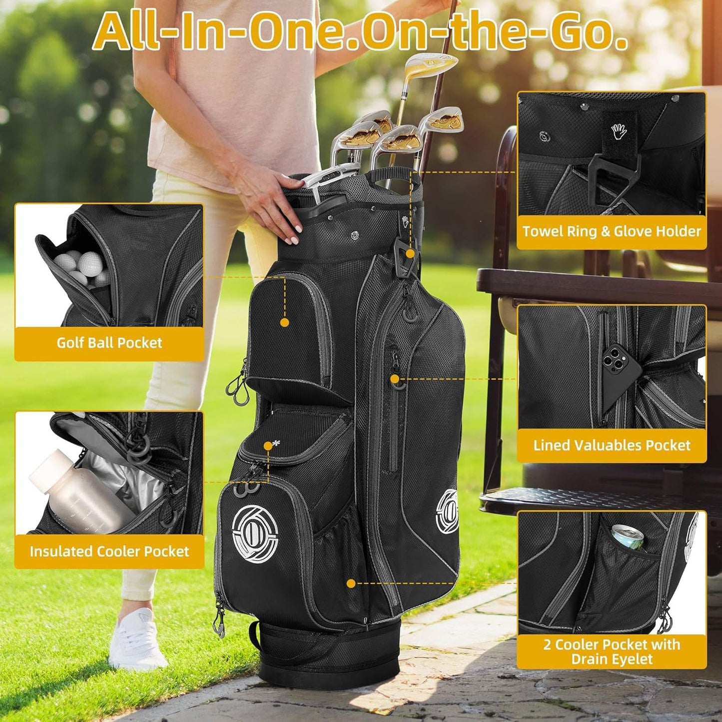 Golf Cart Bag, 15 Way Top Lightweight Golf Bag, Golf Club Cart Bags for Men Women with Full-Length Dividers, Dedicated Putter Well, Rain Cover Black and Red