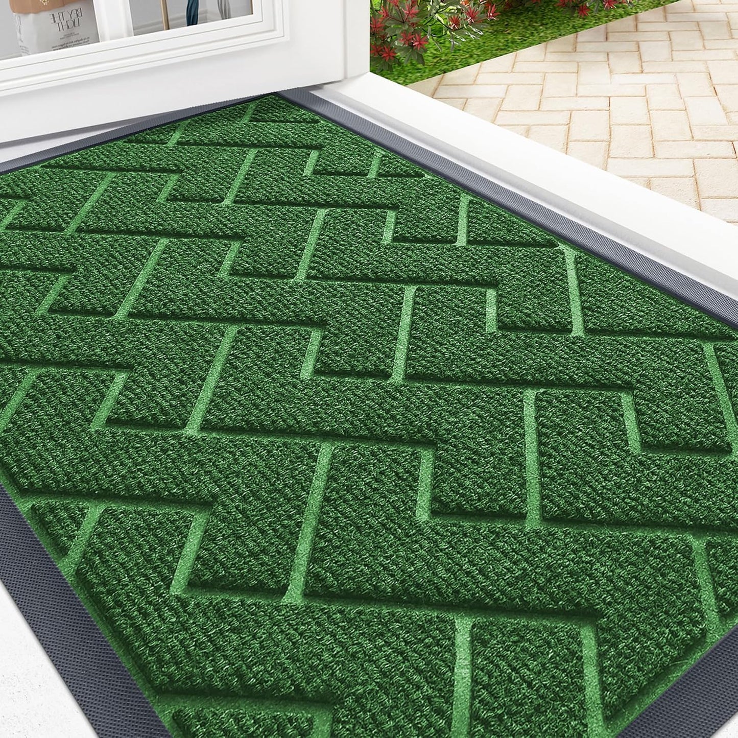 OLANLY Front Door Mat Indoor Outdoor Entrance, Waterproof All-Season, All-Weather Doormat, Sturdy Natural Rubber, Low Profile, Easy Clean Patio Porch Entryway Mat, Herringbone Brick (Green, 59x35)