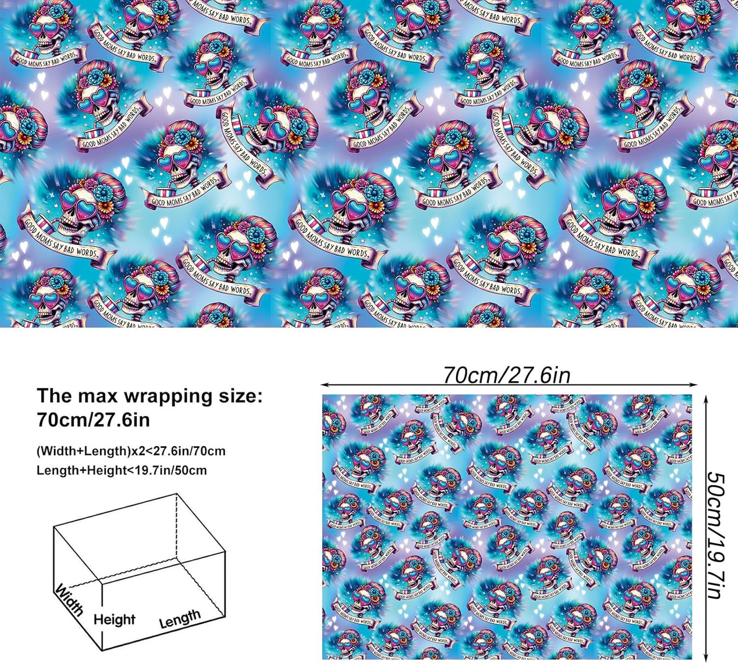 Vnaaem Halloween Wrapping Paper for Mom Women - 6 Pcs Blue & Purple Gothic Skull Skeleton Design Funny Gift Wrap for Halloween Wedding Birtday Christmas Nightmare Holidays - 19.6 X27.8Inch