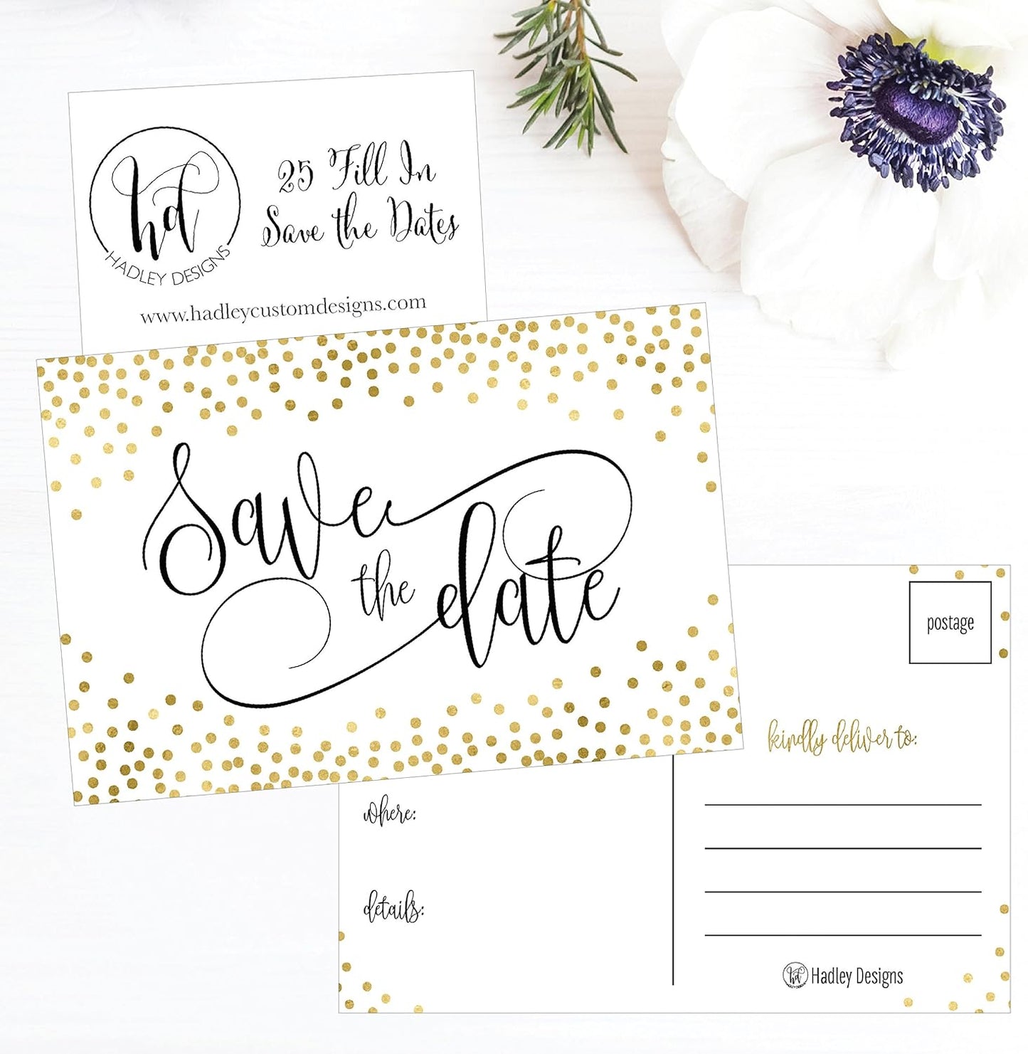 Hadley Designs 25 Elegant Gold Dots Save The Date Postcards For Wedding, Engagement, Anniversary, Baby Shower, Birthday Party Invitations Simple Black and White Blank Event Announcements