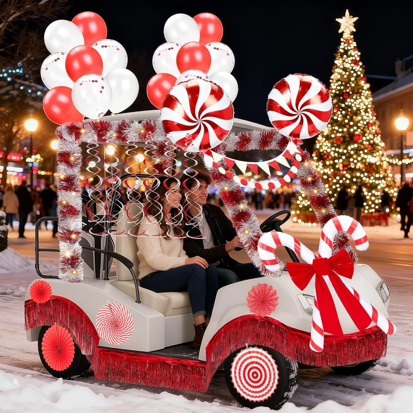 48 Pcs Christmas Parade Golf Cart Decoration Kit with Light String Red White Streamers Candy Canes Balloons Bow Pleated Fan Fringe Banners for Christmas Holiday Party Golf Cart Accessories