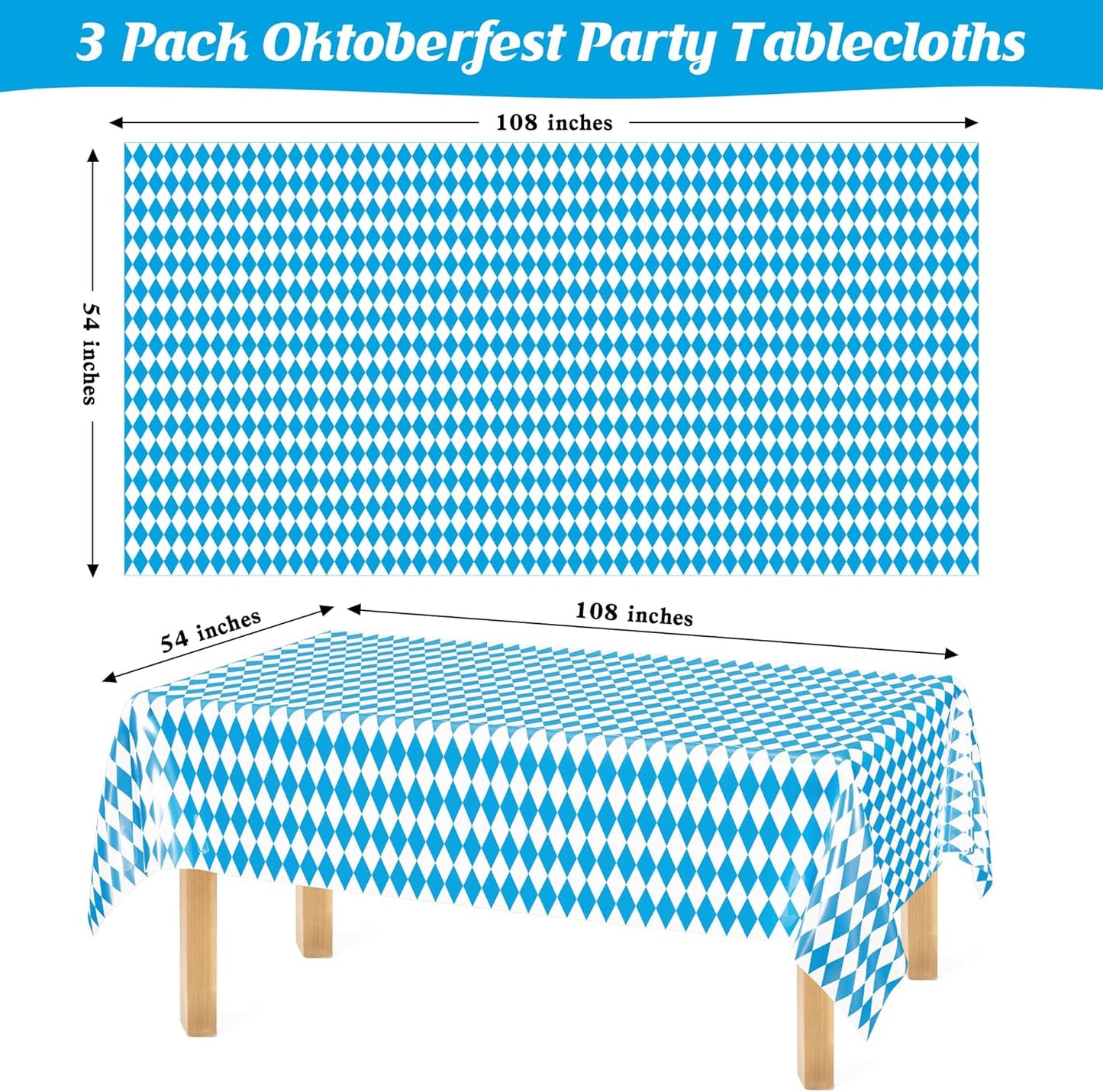 QZYL 3 PCS Oktoberfest Tablecover, 54 X 108 in Disposable Plastic Beer Festival Party Supplies, Rectangular Blue White Checkered Tablecloth, Oktoberfest Decorations for Kitchen Dining Party Holiday