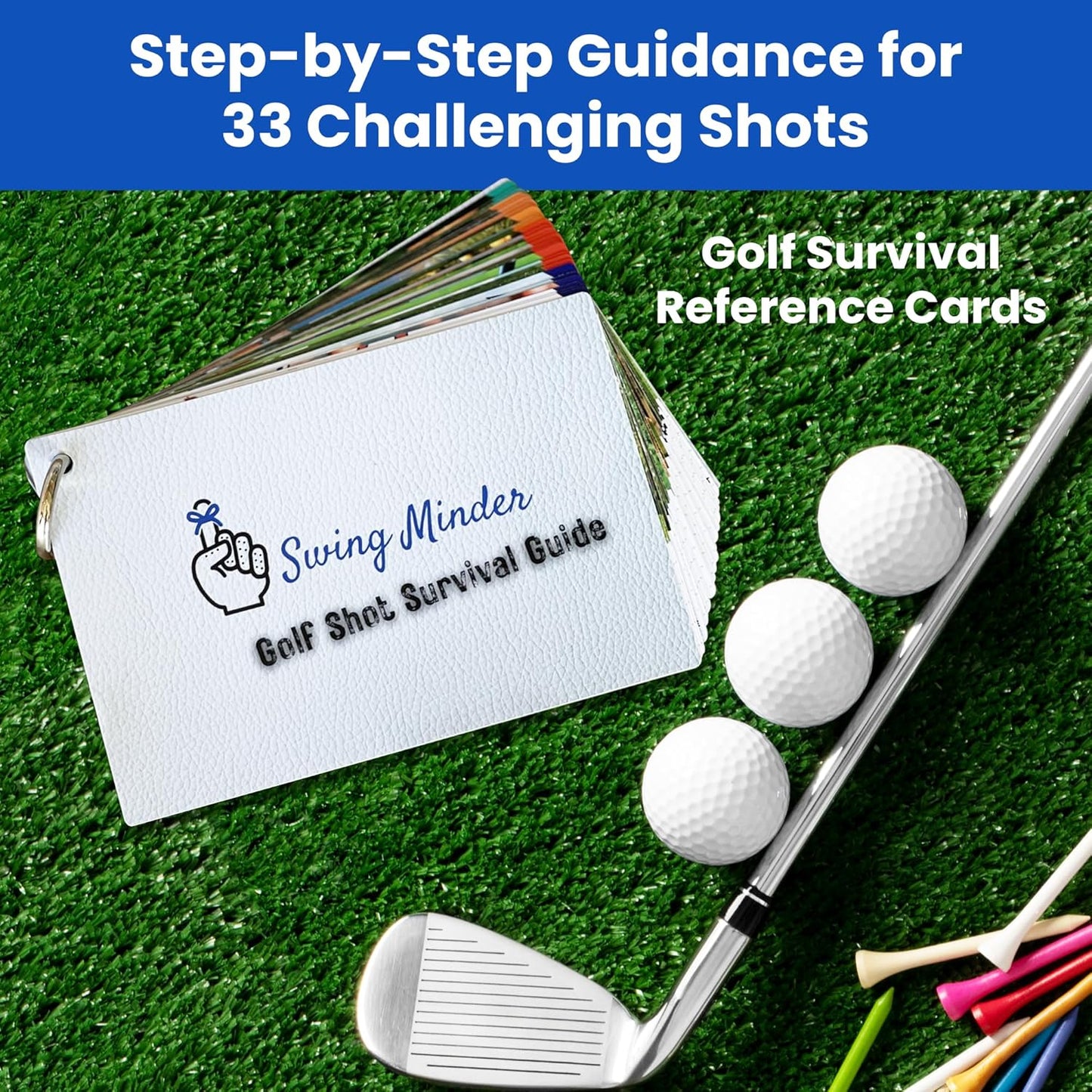 Swing Minder Golf Reference Cards - Step-by-Step Instructions for 33 of Golf's Hardest Shots - Ideal Golf Gifts for Men or Golf Bag Accessories - Waterproof PVC and Sturdy Carabiner for Easy Use
