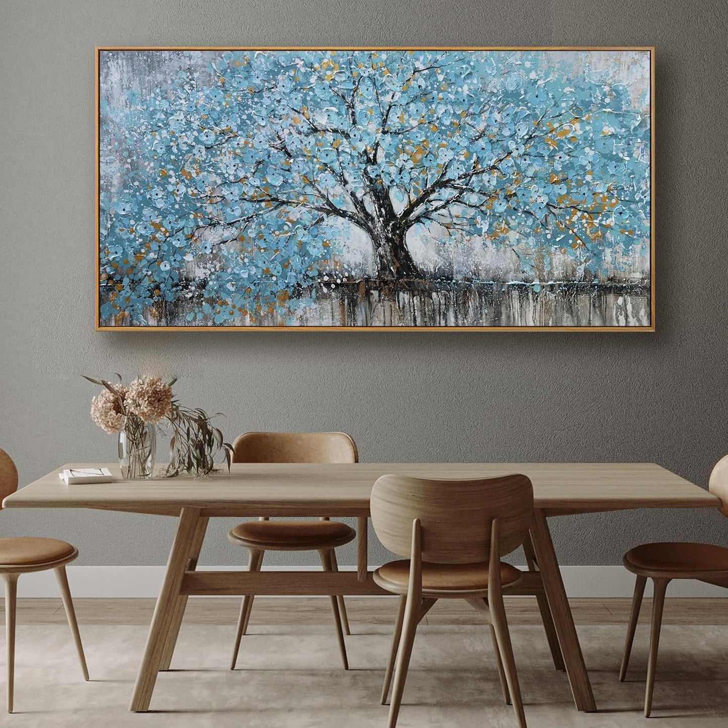 Large Wall Art Teal Blue Abstract Tree Of Life Framed Modern Artwork Canvas Painting Textured Tree Pictures Wall Decor Home Decor Wall Ready To Hang For Bedroom Living Room Size 29"X58"
