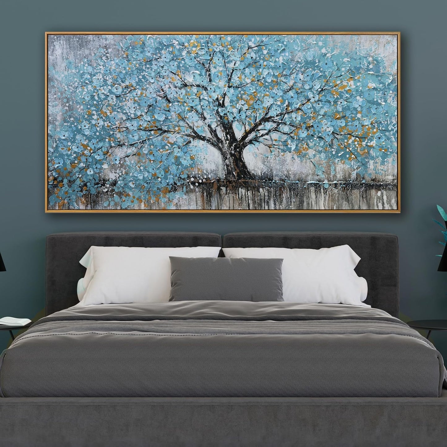 Large Wall Art Teal Blue Abstract Tree Of Life Framed Modern Artwork Canvas Painting Textured Tree Pictures Wall Decor Home Decor Wall Ready To Hang For Bedroom Living Room Size 29"X58"