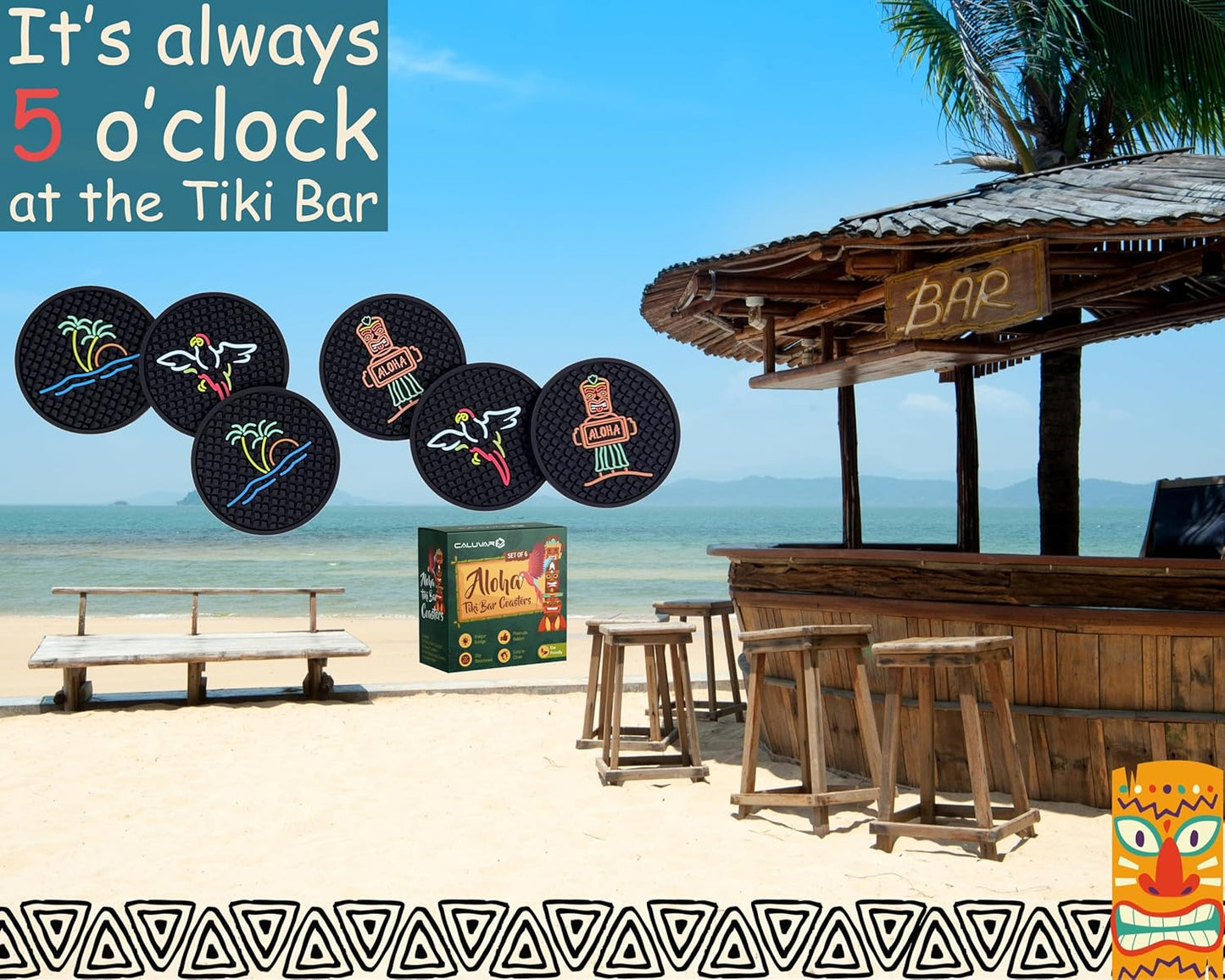Aloha Tiki Bar Drink Coasters Set of 6 with Holder for Hawaiian and Luau Party Decorations with Tiki Warrior, Wave & Palm Tree and Parrot Designs, Tiki Bar Decor Silicone Coasters, Aloha Party Decor