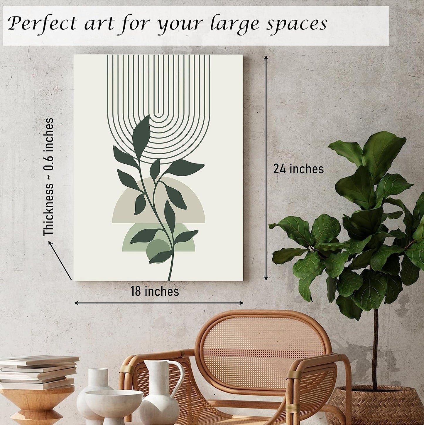 Induslyfe Large Framed Boho Canvas Wall Art Set of 3, Mid Century Modern room Decor, Minimalist Sage Green Botanical Boho Bathroom wall art 18x24 Abstract Geometric Canvas Prints Ready To Hang Bedroom