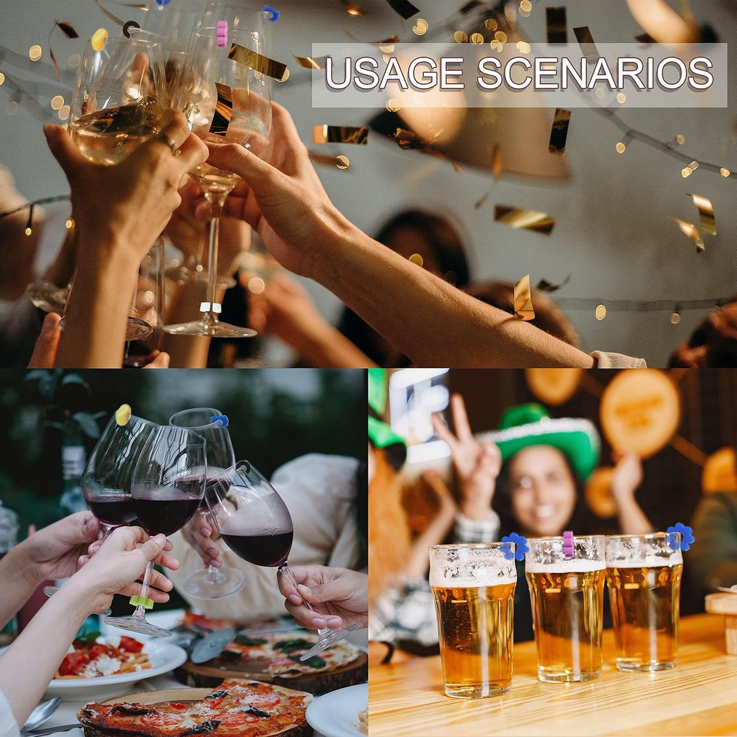 36Pcs Silicone Drink Markers, 3 Shapes and Colored Wine Glass Charms for Bar Party Champagne Flutes Cocktails Martinis