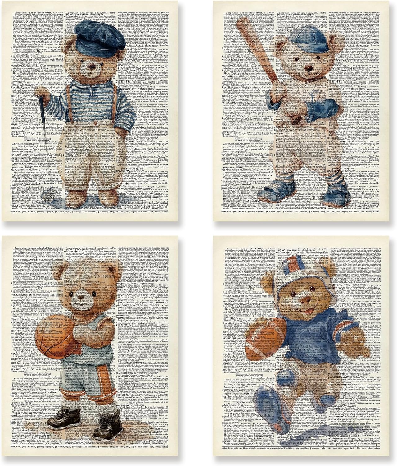 KSDUT Vintage Bear Sports Wall Decor Art Set of 4 - Retro Nursery Artwork Poster Prints Boys Room Wall Decor Kids Gifts Wall Art for Nursery Sports Room Dorm Decorations - 8"x10" Unframed