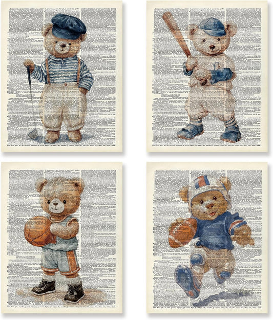 KSDUT Vintage Bear Sports Wall Decor Art Set of 4 - Retro Nursery Artwork Poster Prints Boys Room Wall Decor Kids Gifts Wall Art for Nursery Sports Room Dorm Decorations - 8"x10" Unframed