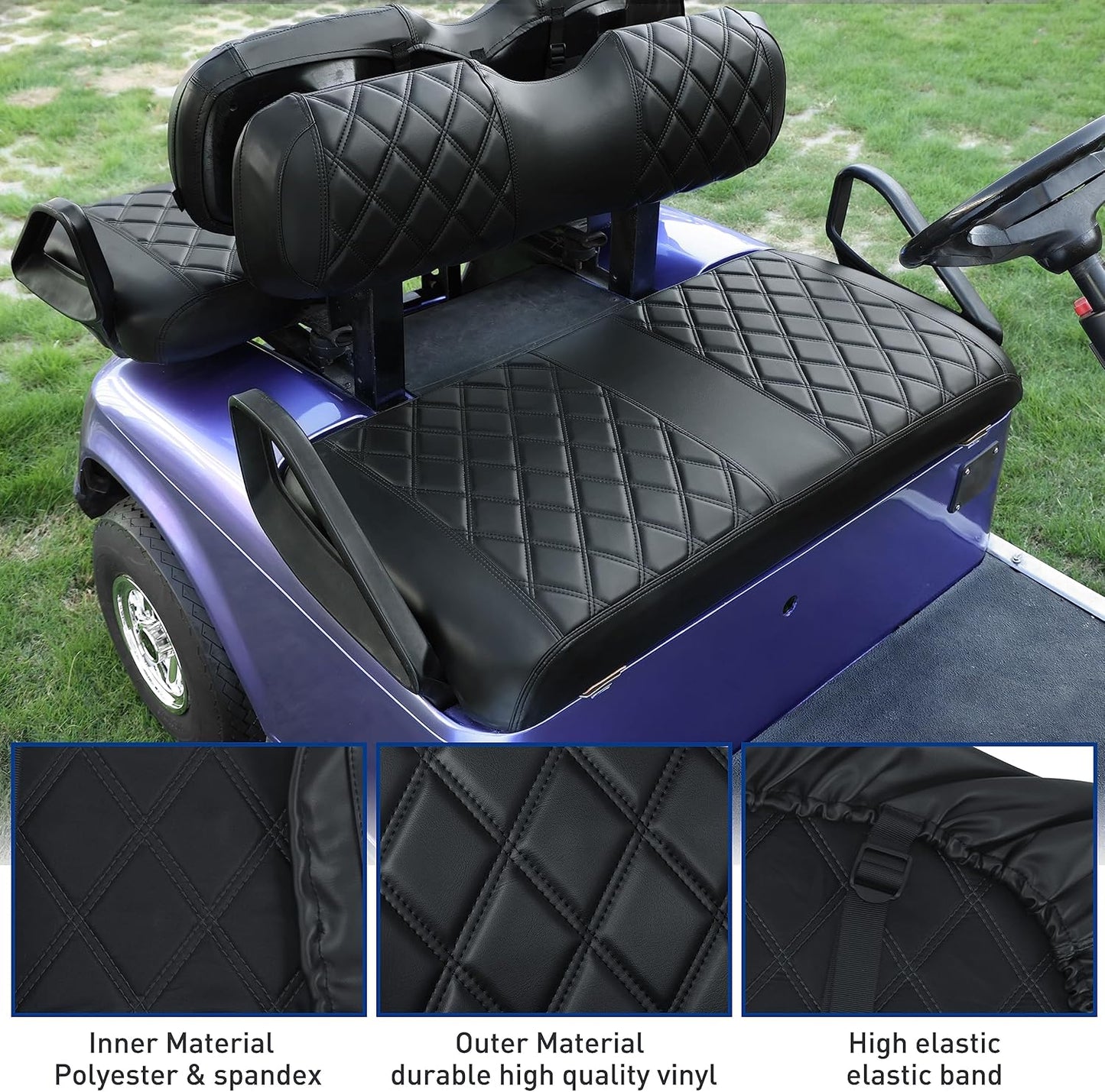 NOKINS Golf Cart ET Front Seat Covers Suitable for EZGO TXT 1994-2013/EZGO RXV OEM Standard Front Seat Cushion, No Stapler Required, Golf Cart Vinyl Replacement Seat Cover Black Stitching