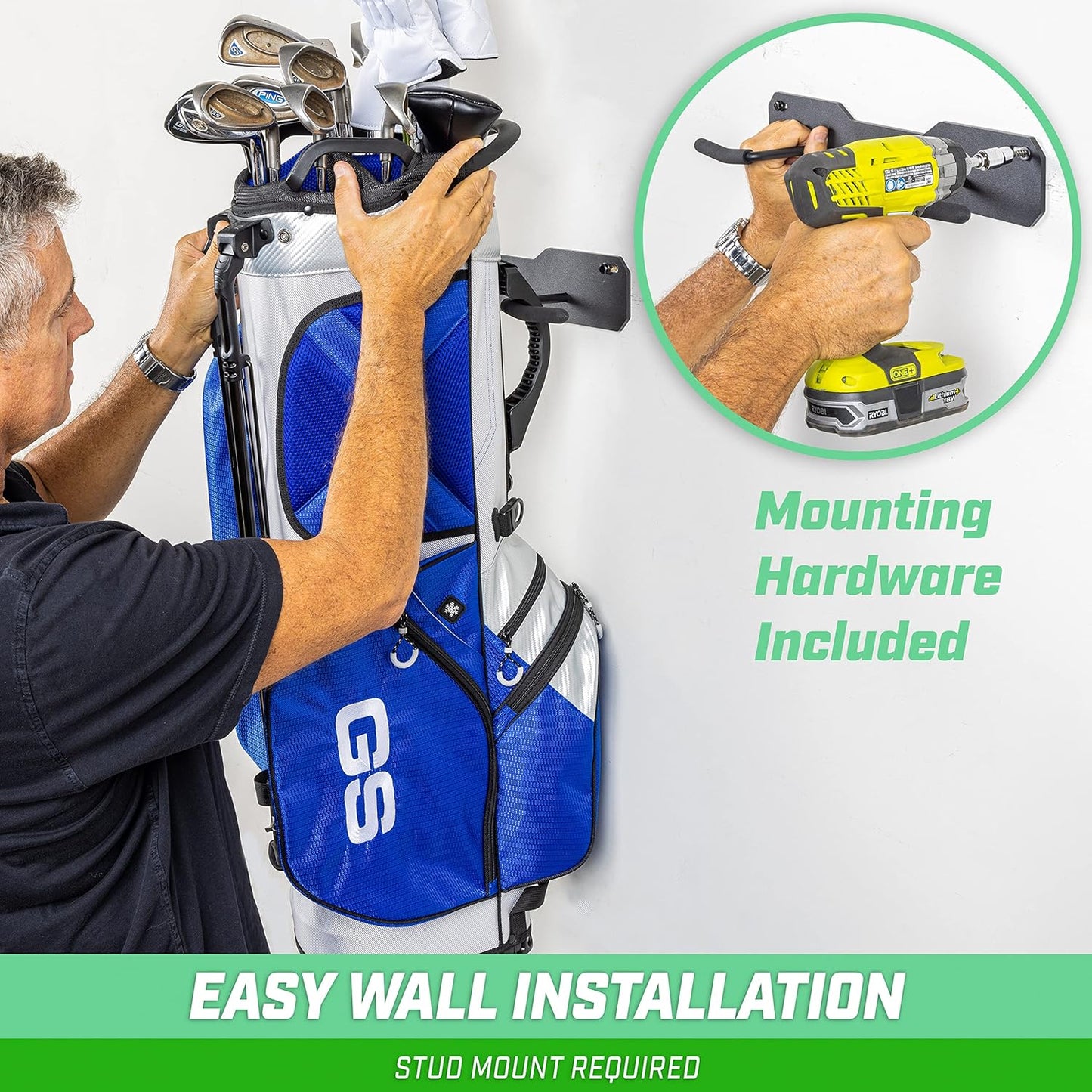 GoSports Wall Mounted Golf Bag Storage Rack - Holds 2 Golf Bags