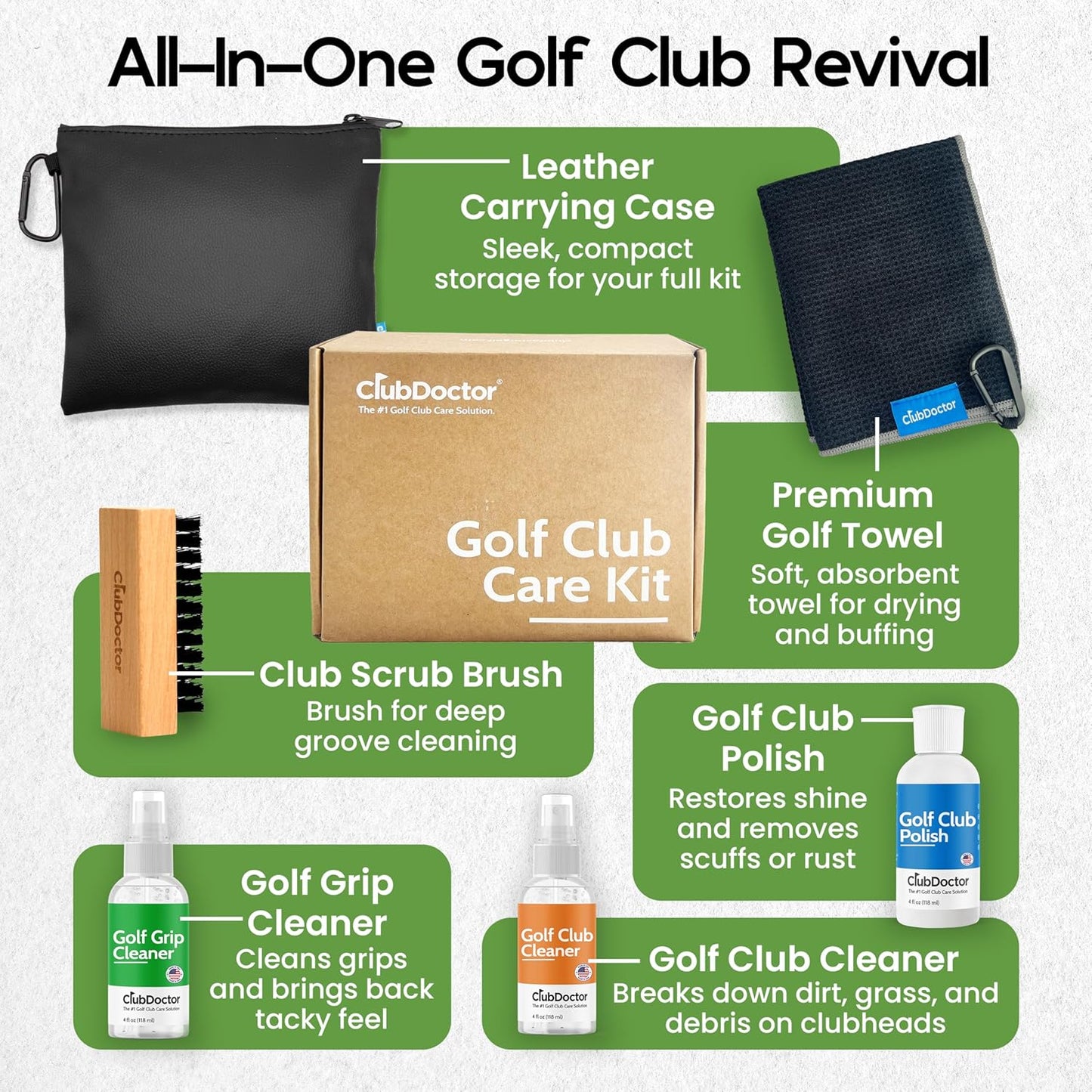 Club Doctor Golf Club Care Kit – Clean, Polish, and Restore Irons, Drivers, Putters – Scratch, Scuff, Rust Remover – Complete Golf Club Maintenance Kit with Grip Cleaner, Club Cleaner, and Polish