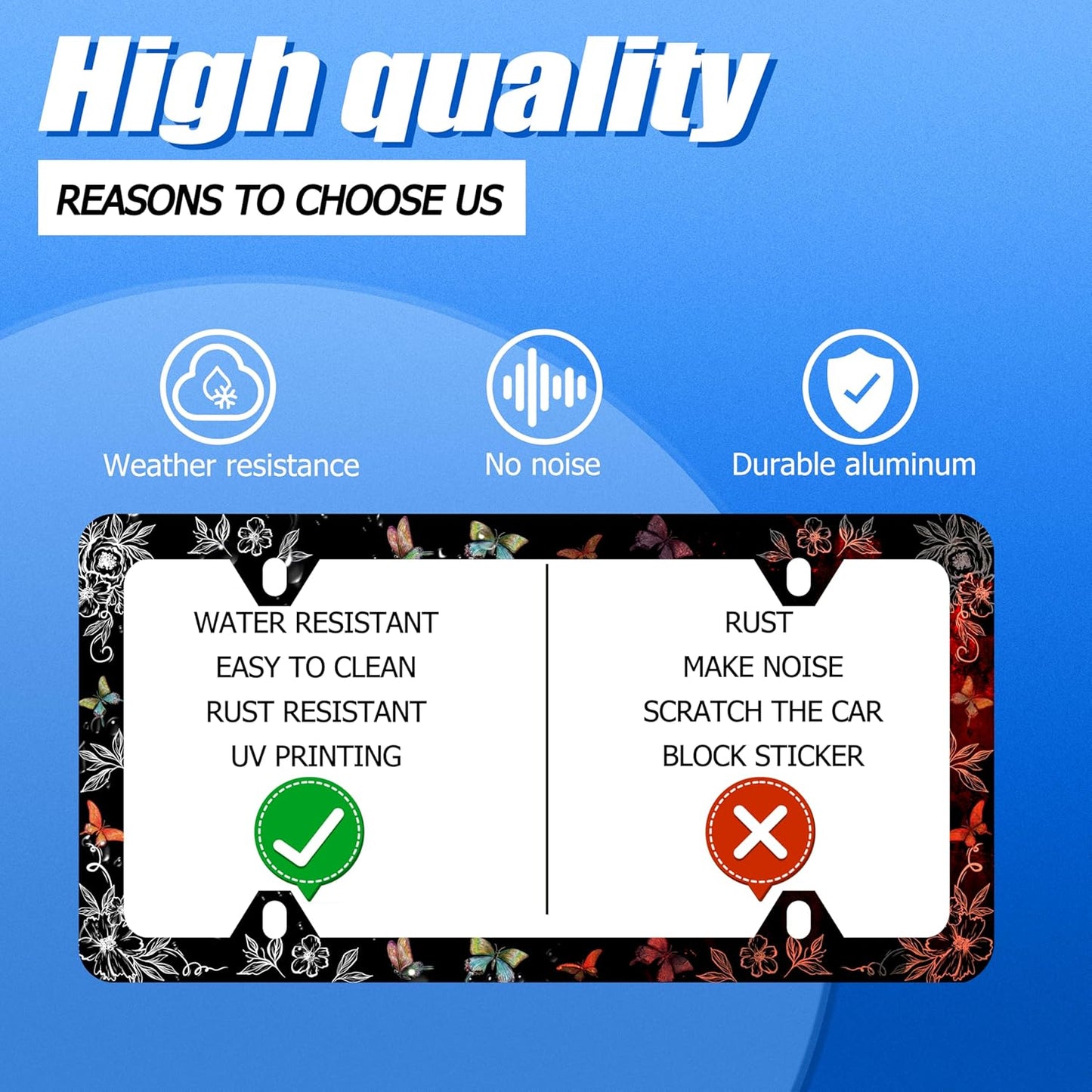 Butterfly License Plate Frame Wild Flower License Plate Holder Stainless Steel Women Colorful Car Accessory Decoration