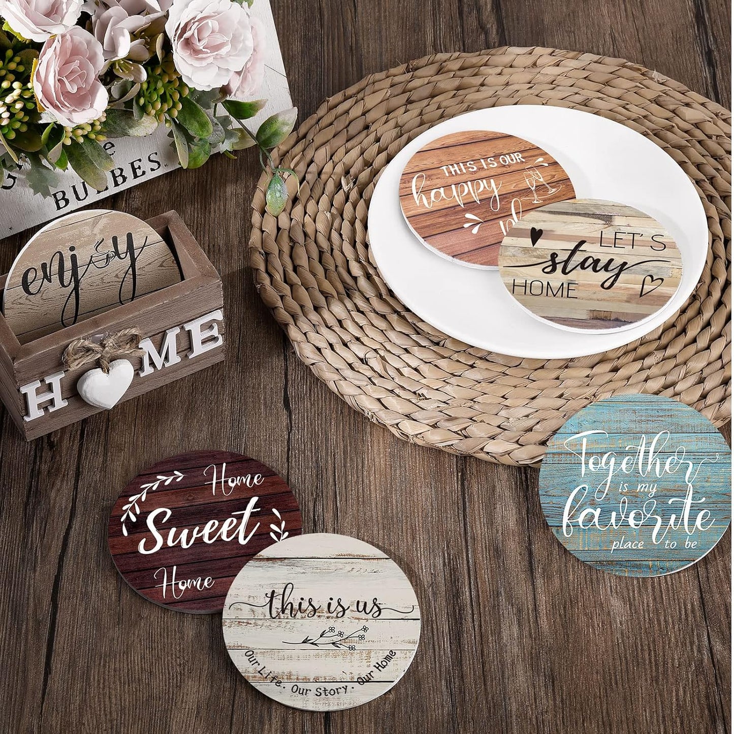 Queekay Housewarming Gifts for Home Decoration Wooden Heart Coasters for Drinks 6 Set Farmhouse Coasters with Holder Funny for Family Coffee Table Protection, 4''(Farmhouse Color)