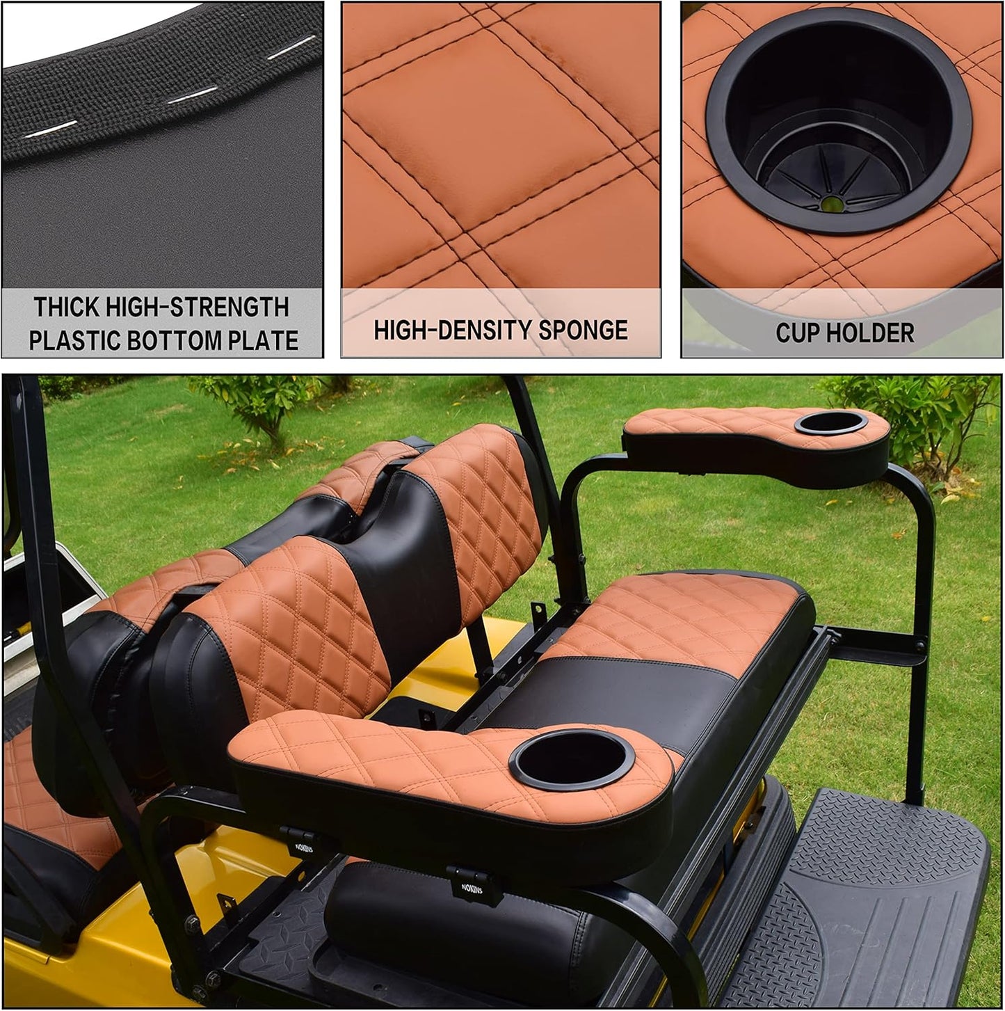 NOKINS Golf Cart Diamond Flip Armrest with Cup Holder, No Drilling Required, Golf Cart Folding Hinged Armrest, Inward Mount, for Club Car EzGo Yamaha Back Seat Kit