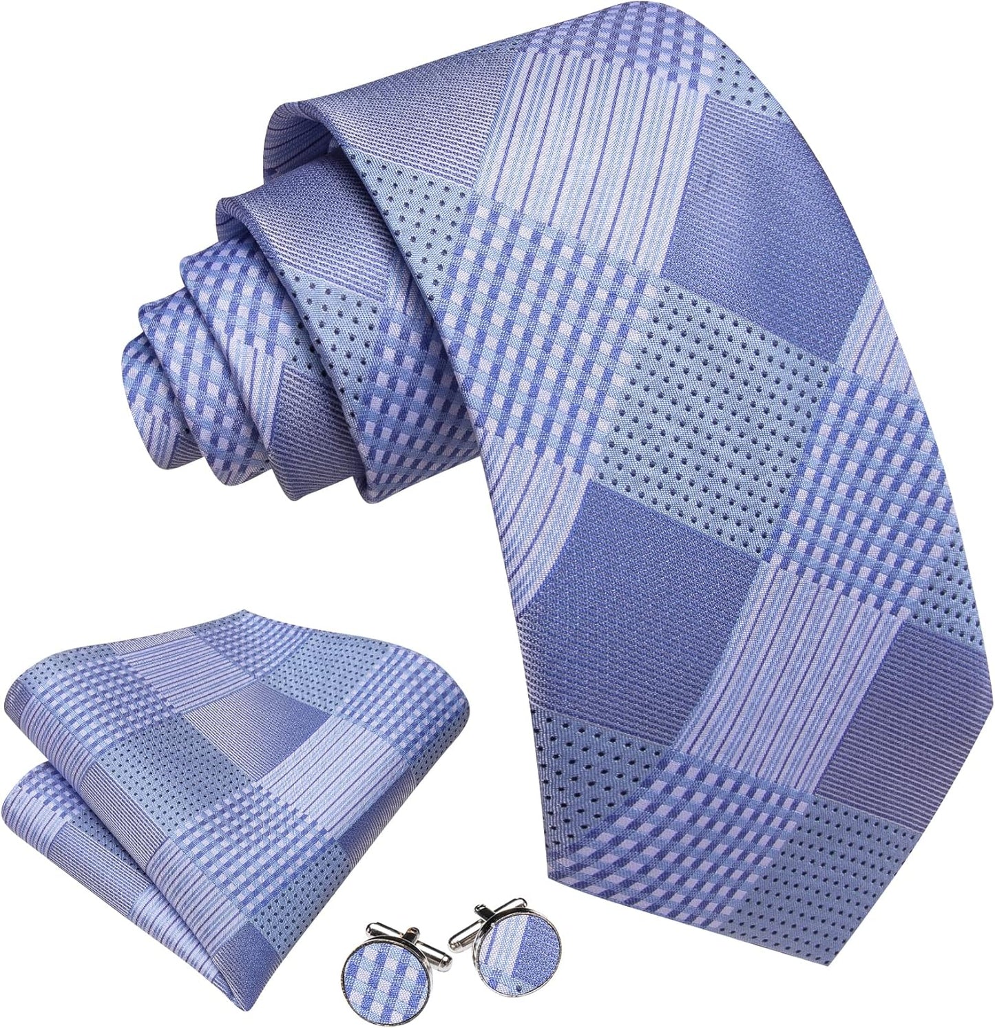 Barry.Wang Designer Classic Ties for Men Set Formal Pocket Square Cufflink Check Plaid